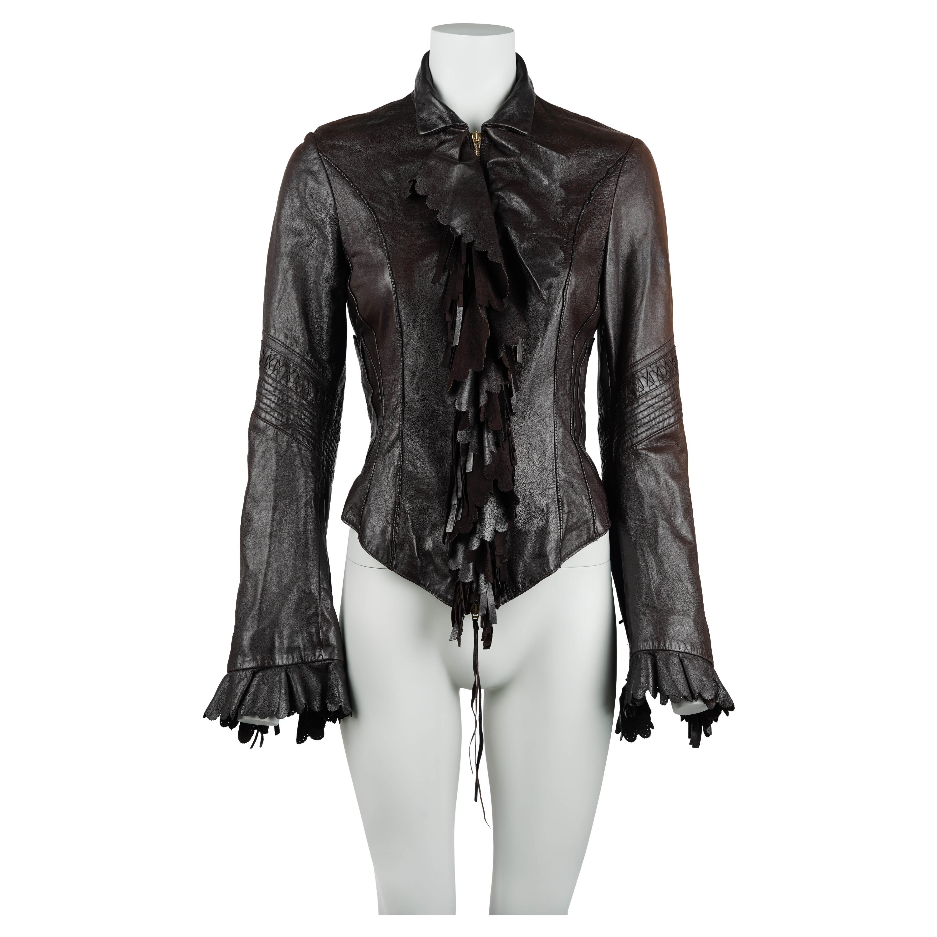 Cavalli FW 2004 Brown Leather Fringed Jacket with Scalloped Trim Size S