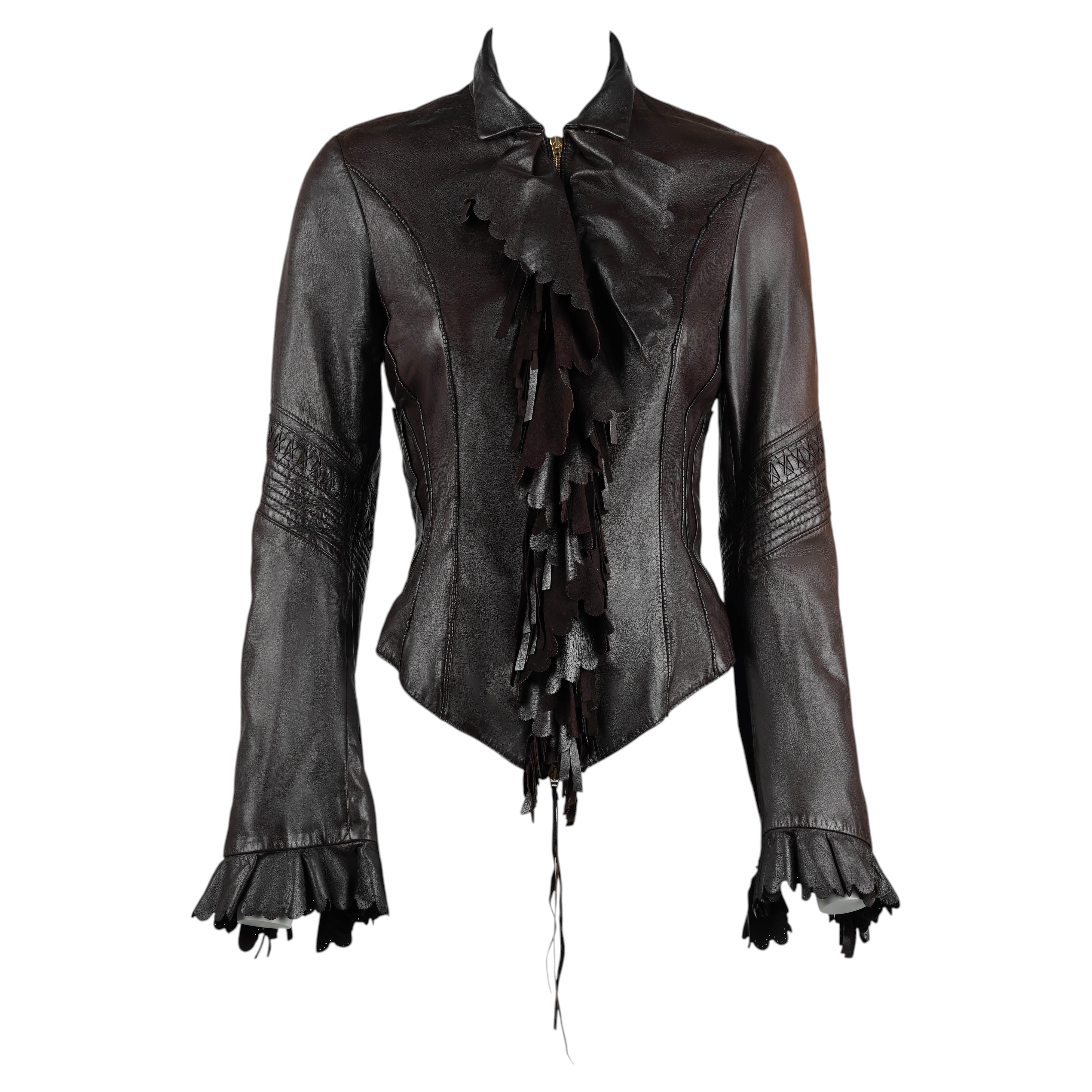 Cavalli FW 2004 Brown Leather Fringed Jacket with Scalloped Trim Size S For Sale