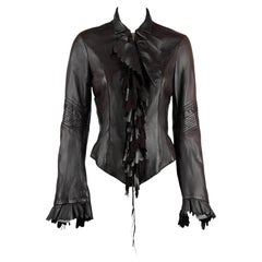 Cavalli FW 2004 Brown Leather Fringed Jacket with Scalloped Trim Size S