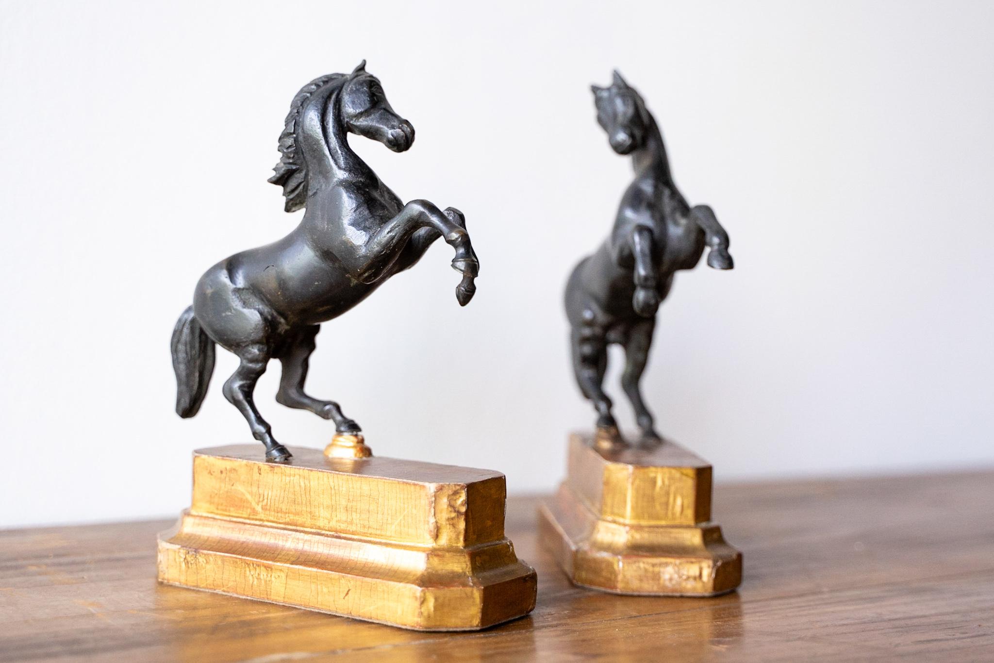 Pair of bronze bookends horses
Origin: Milan
Material: Bronze and wooden base
Dimensions: 15x7x18 cm
Condition: Very good condition 
Description: Elegant pair of bronze horse bookends, dating from the 1800s. The horses, erect on their two hind legs,