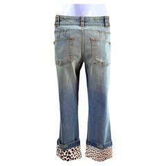 Cavalli 2003 Leopard Silk Embellished Set SequinsNetBlouse & CuffedCapriJeans