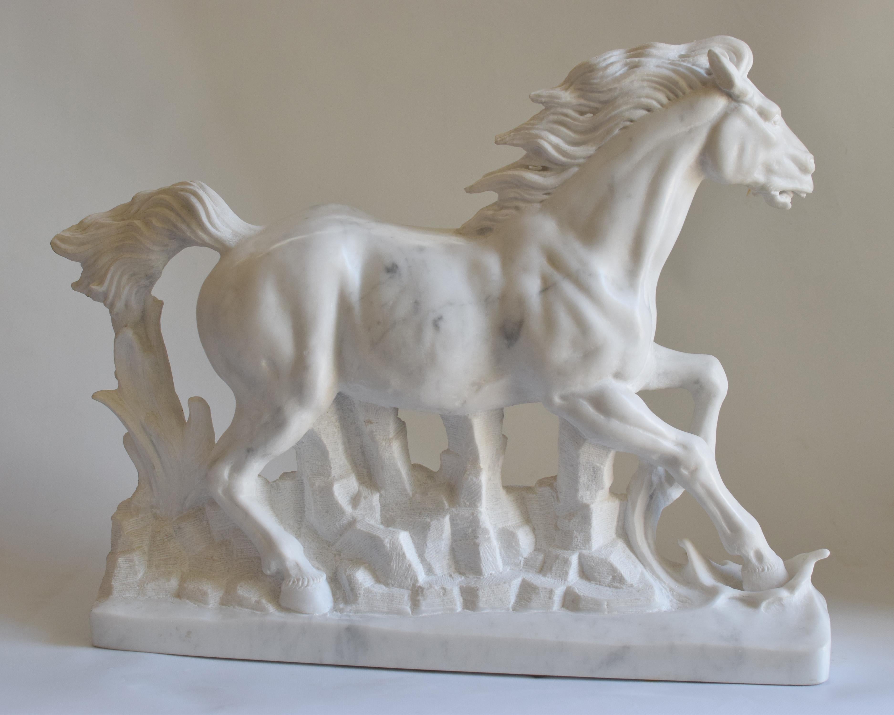 Late 20th Century Running horse -sculpture on white Carrara marble For Sale