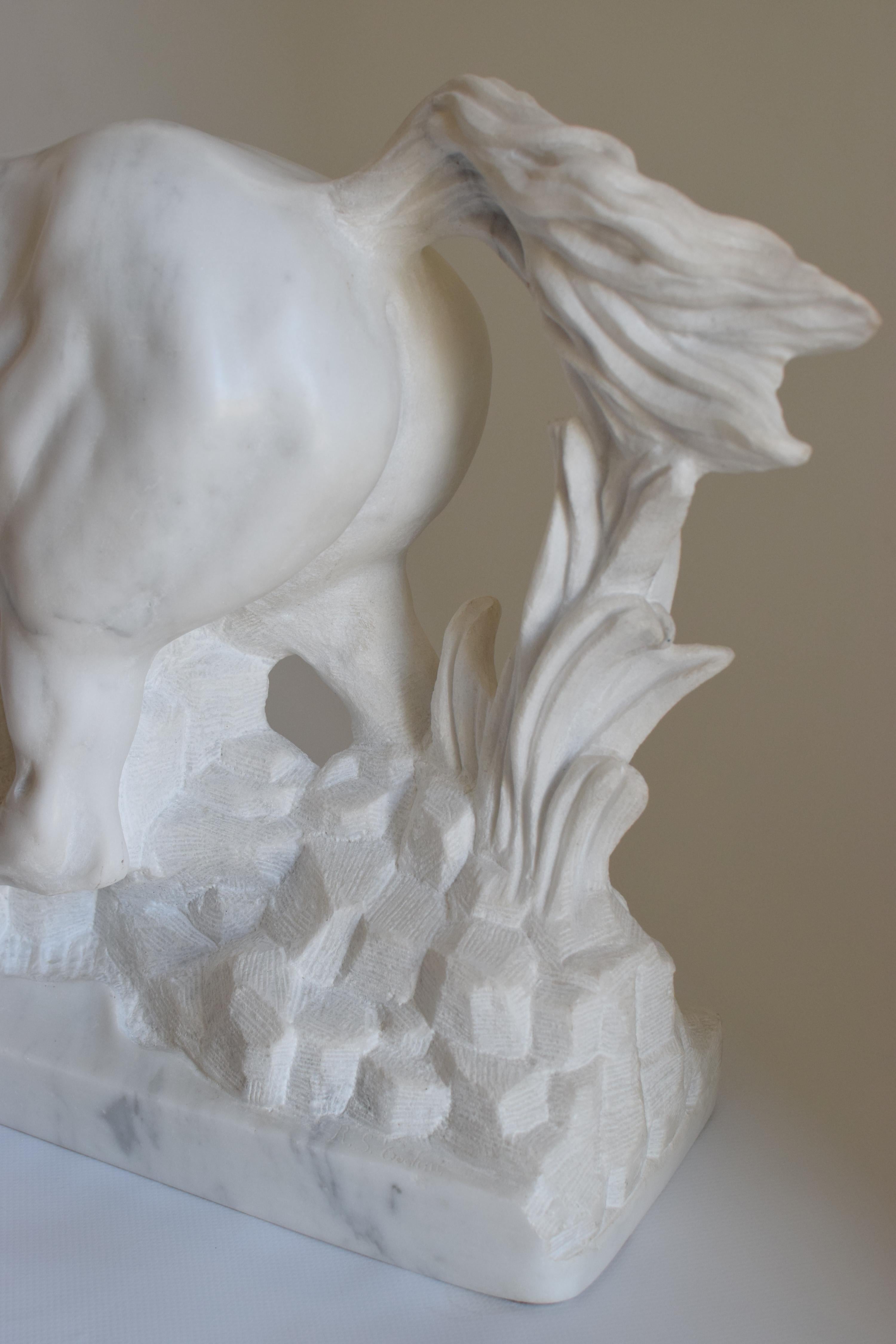 Marble Running horse -sculpture on white Carrara marble For Sale