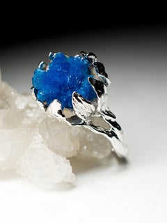 Cavansite Flower Gold Ring Art Nouveau Style Bright Blue Raw Uncut Rare Crystals