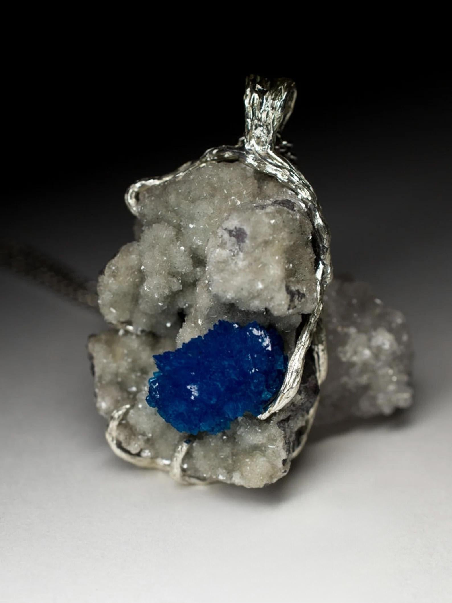 Artisan Cavansite on Dolomite necklace Blue Rare Gem Raw Crystal gift special person For Sale