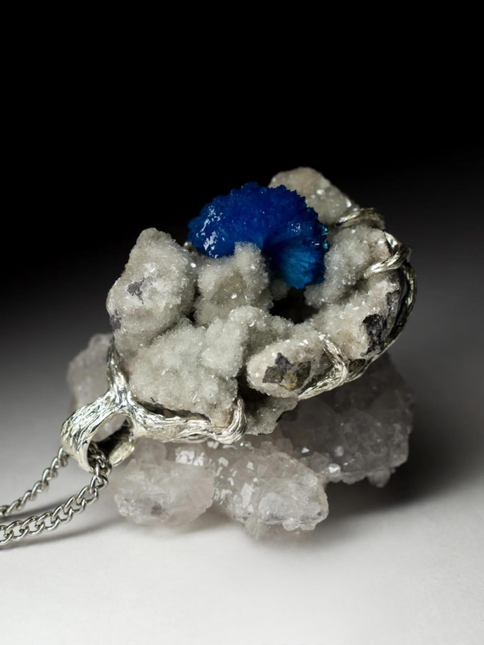 Women's or Men's Cavansite on Dolomite necklace Blue Rare Gem Raw Crystal gift special person For Sale