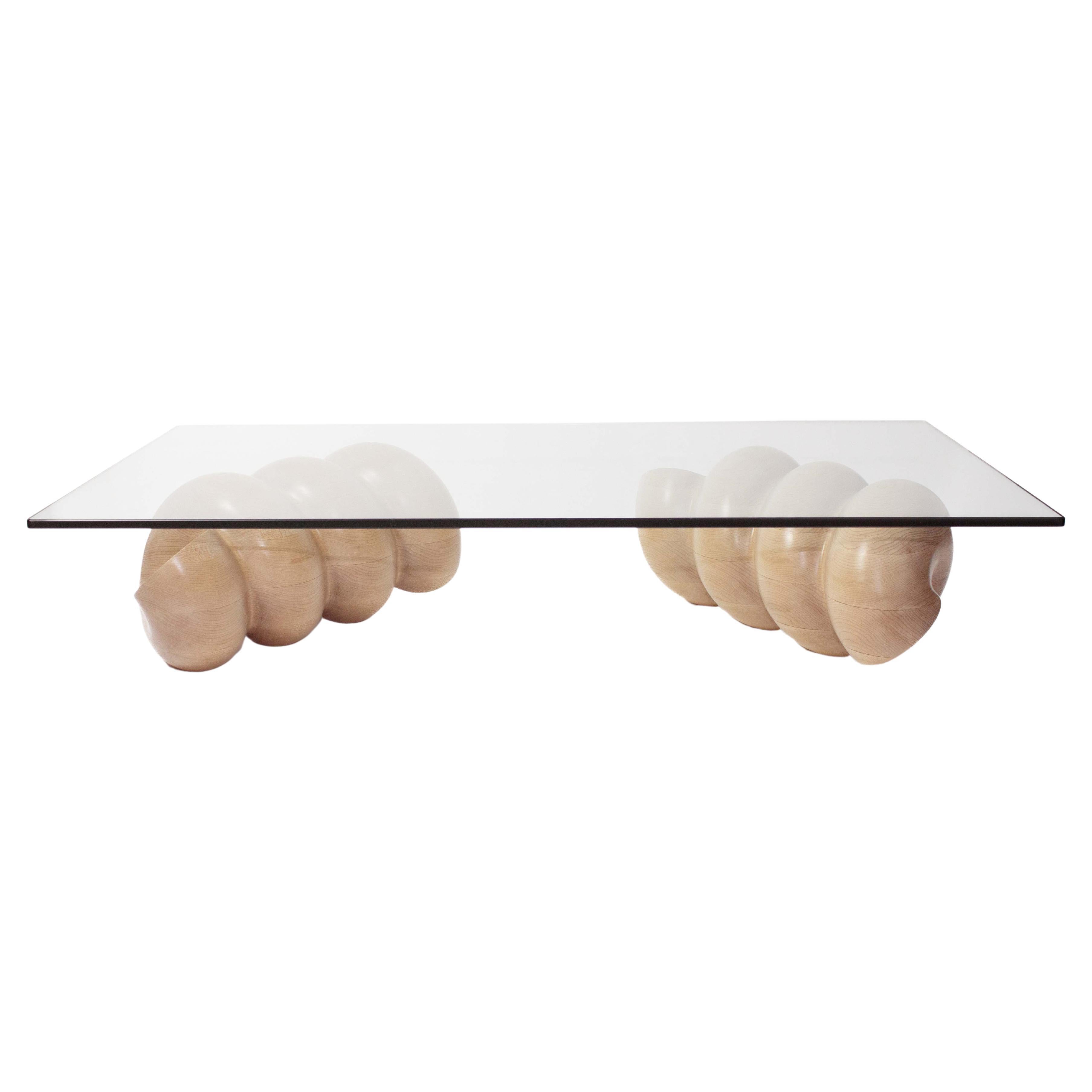 Cavatappi Rectangular Glass-Topped Coffee Table with Sculptural Wood Base For Sale