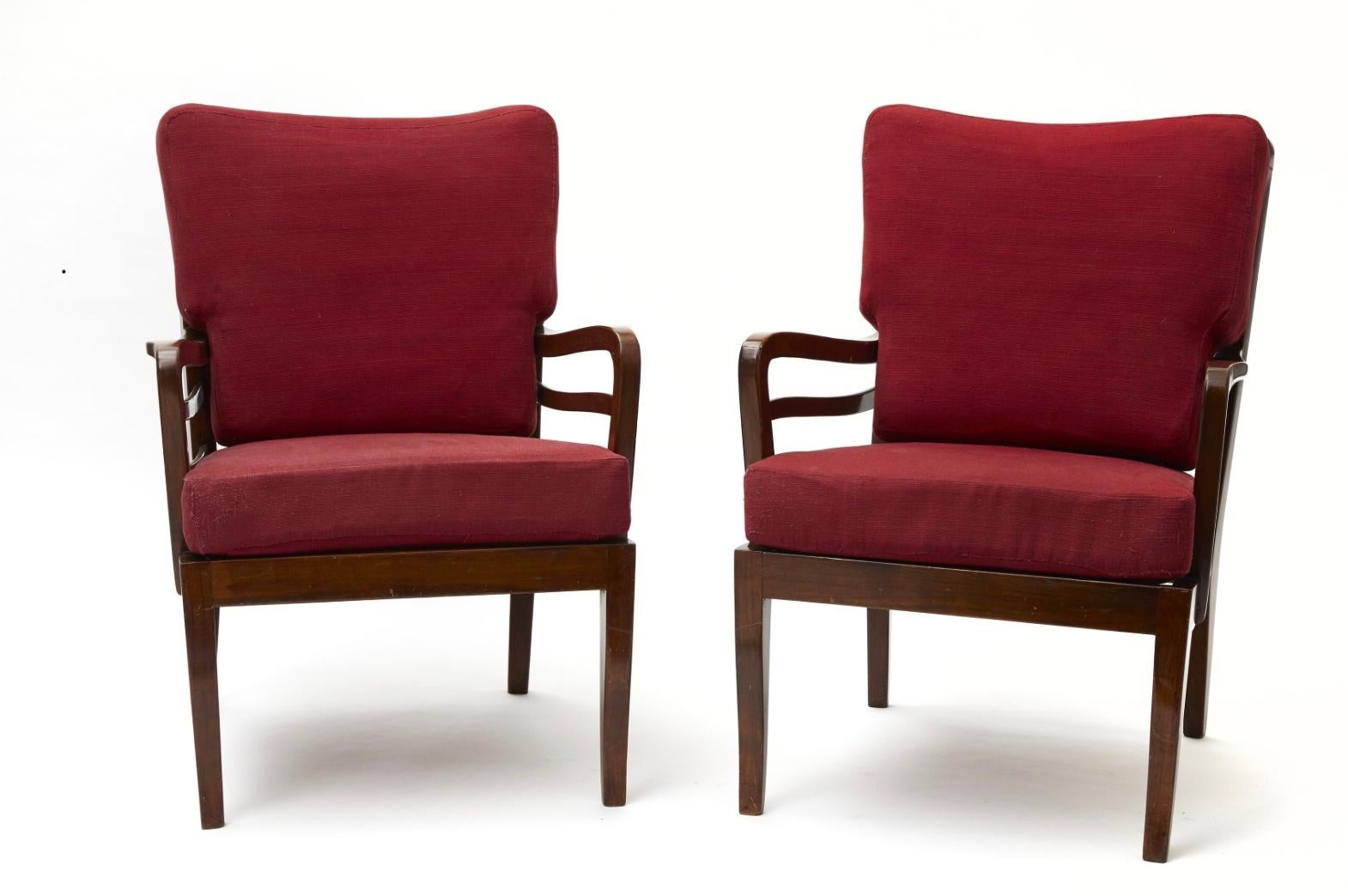 Cavatorta pair of armchairs wood padded fabric, 1950, Italy.
