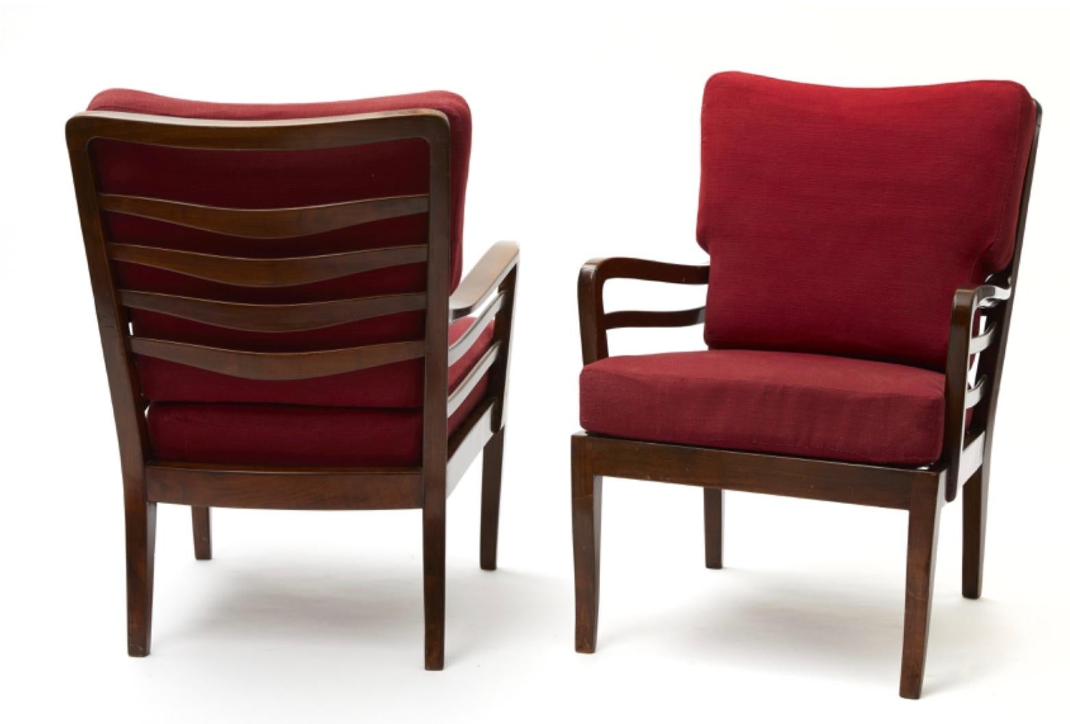 Italian Cavatorta Pair of Armchairs Wood Padded Fabric, 1950, Italy For Sale