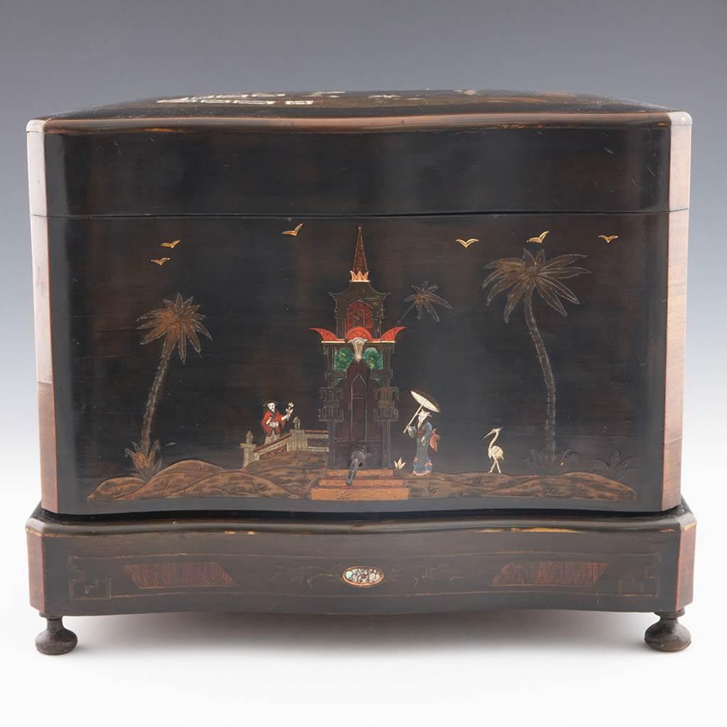 Heading : Cave a Liqueur with chinoiserie lacquer
Date : Late 19th century
Period : Third Republic
Origin : France
Decoration : Cover with chinoiserie scene with classic fence pattern. Inlaid brass, bronze and ormolu with mother of pearl and abalone