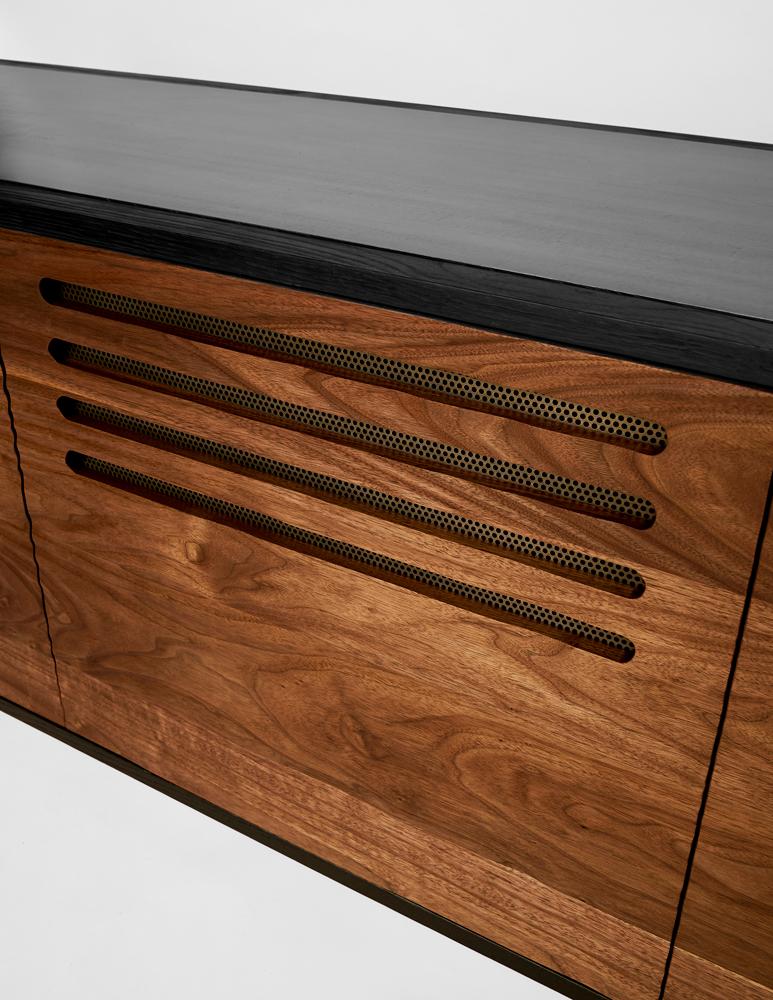 American Cave Credenza Sideboard by Cauv Design Burnt Oak, Carved Walnut, Blackened Steel For Sale