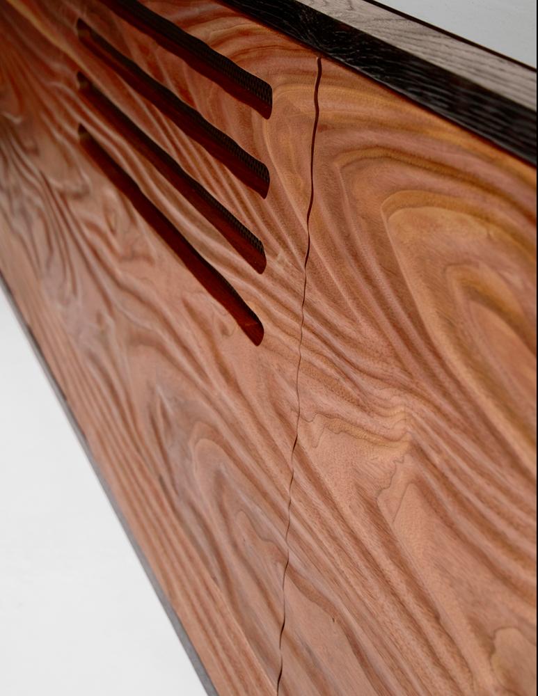 Cave Credenza Sideboard by Cauv Design Burnt Oak, Carved Walnut, Blackened Steel For Sale 2