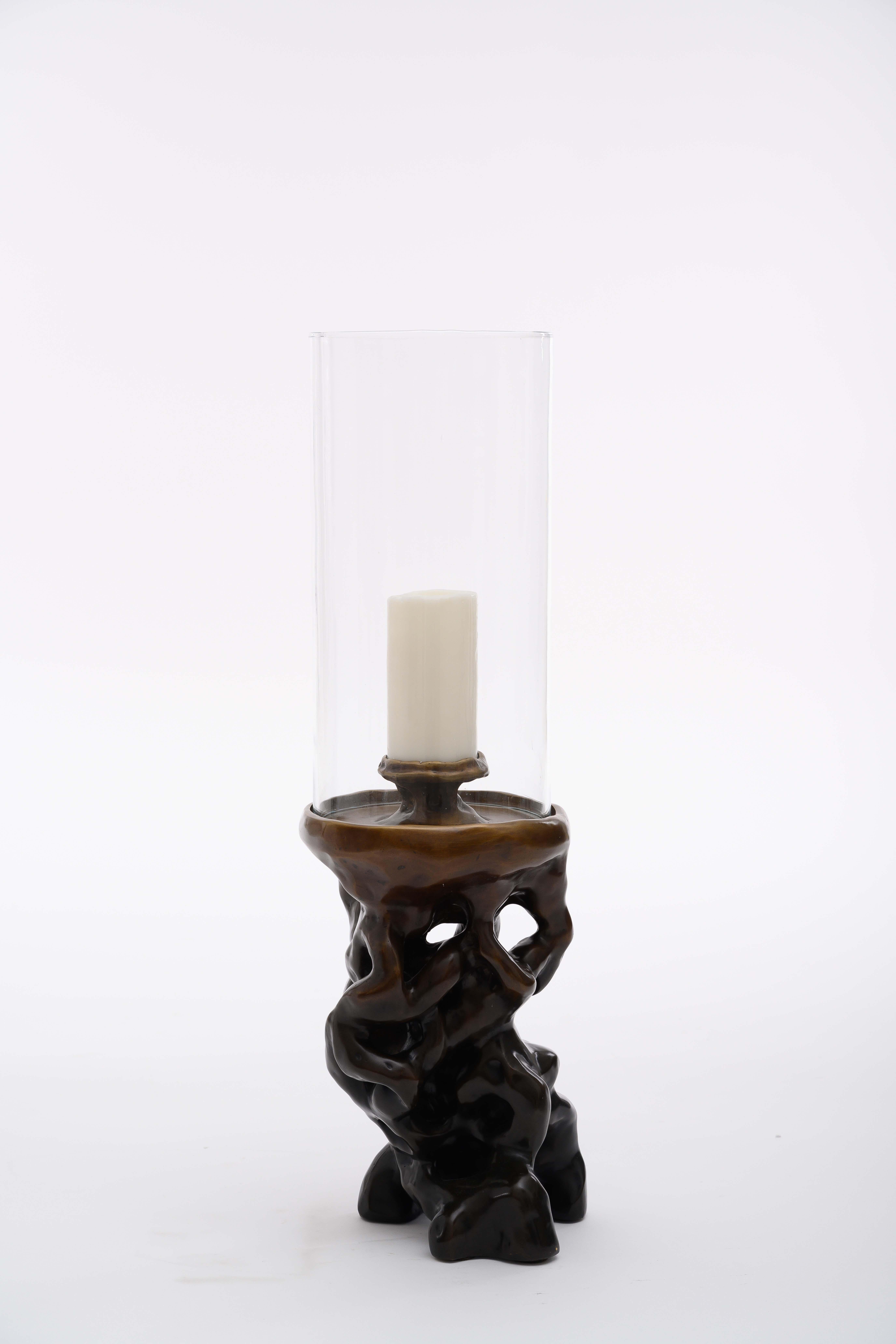 Modern Cave Hurricane in Antique Bronze with Glass Shade from Elan Atelier For Sale