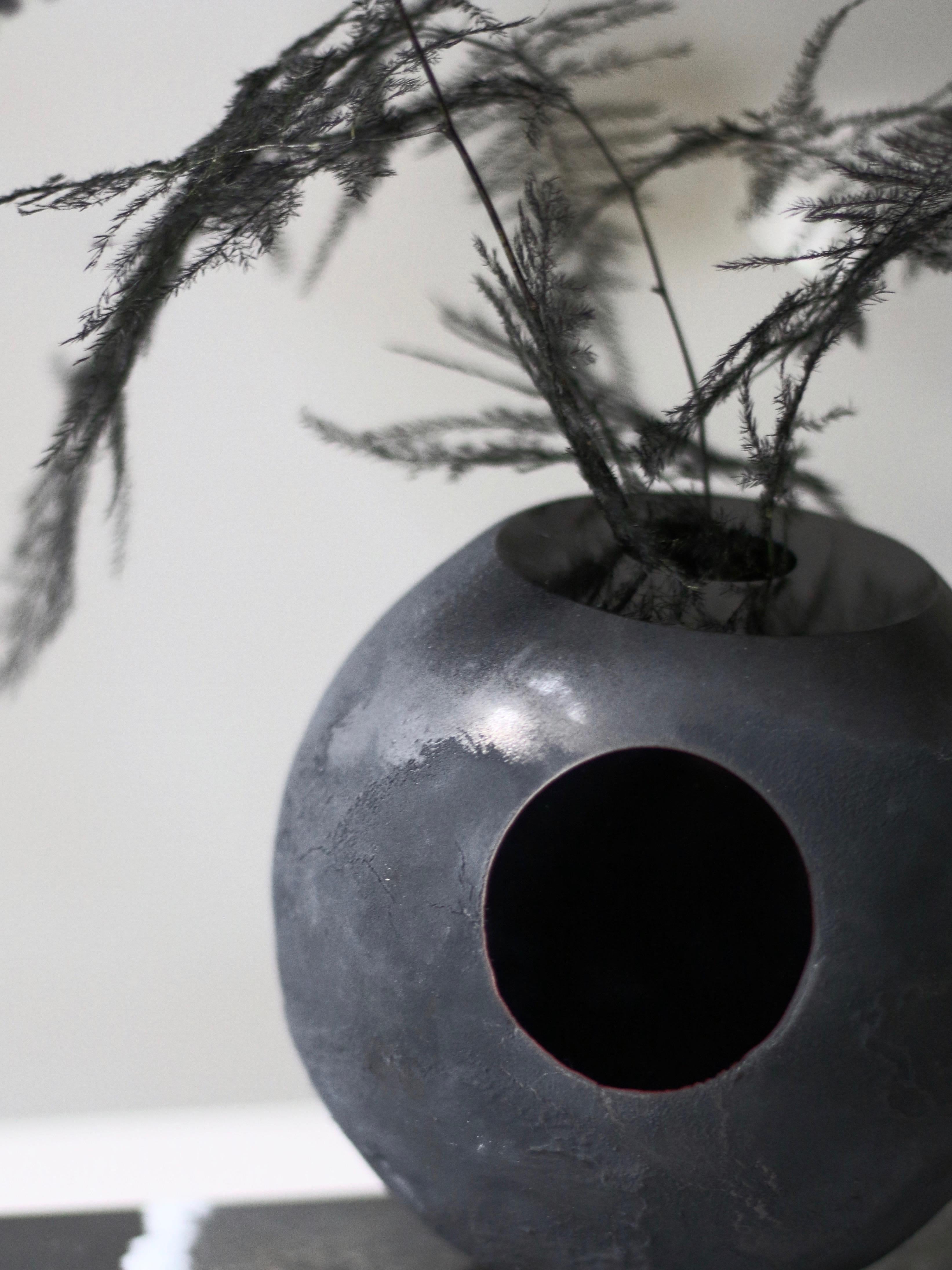 Contemporary 'Cave In Time' Round Glass Vase in Black Glass and Marble