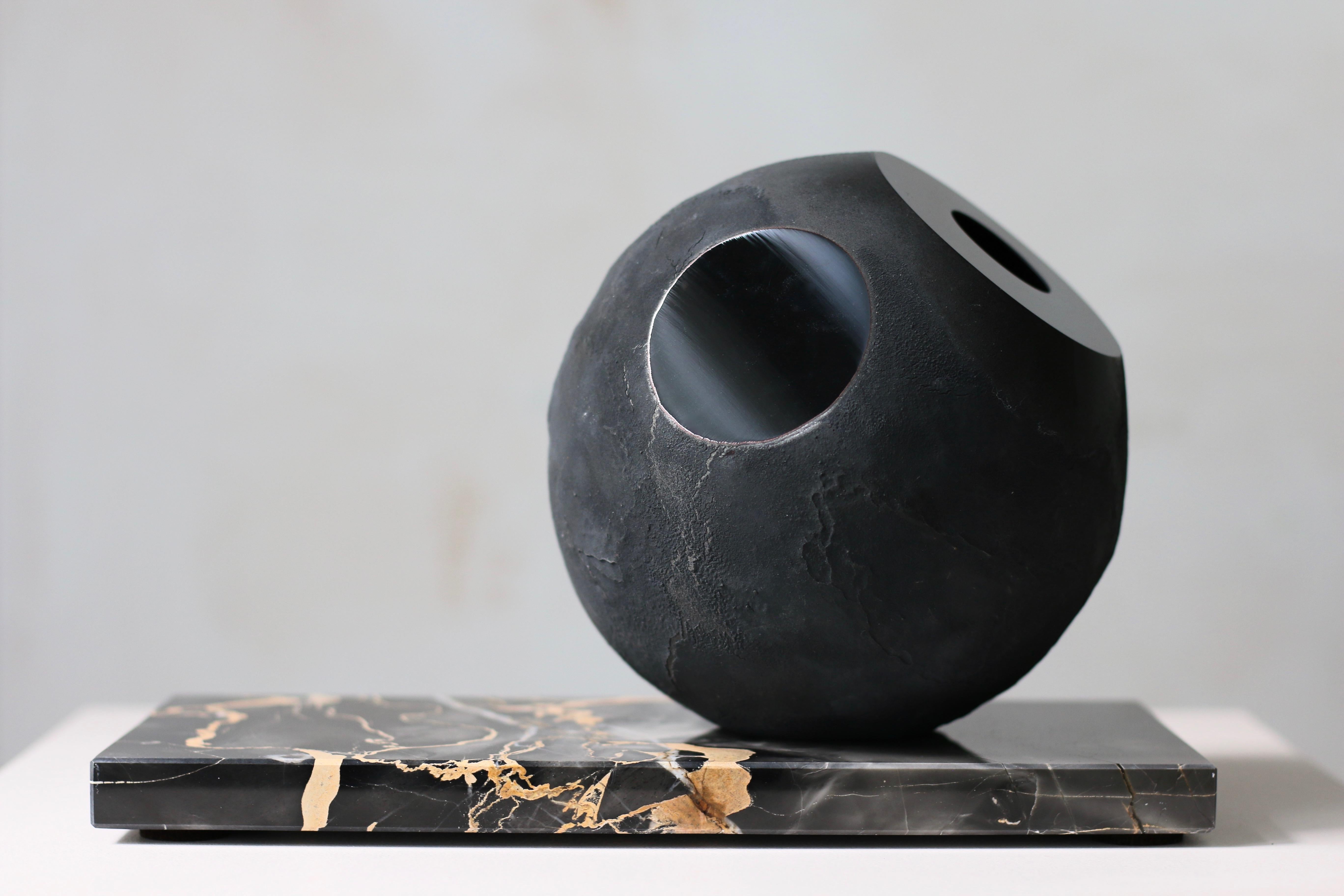 Minimalist 'Cave In Time' Round Glass Vase in Black Glass and Marble