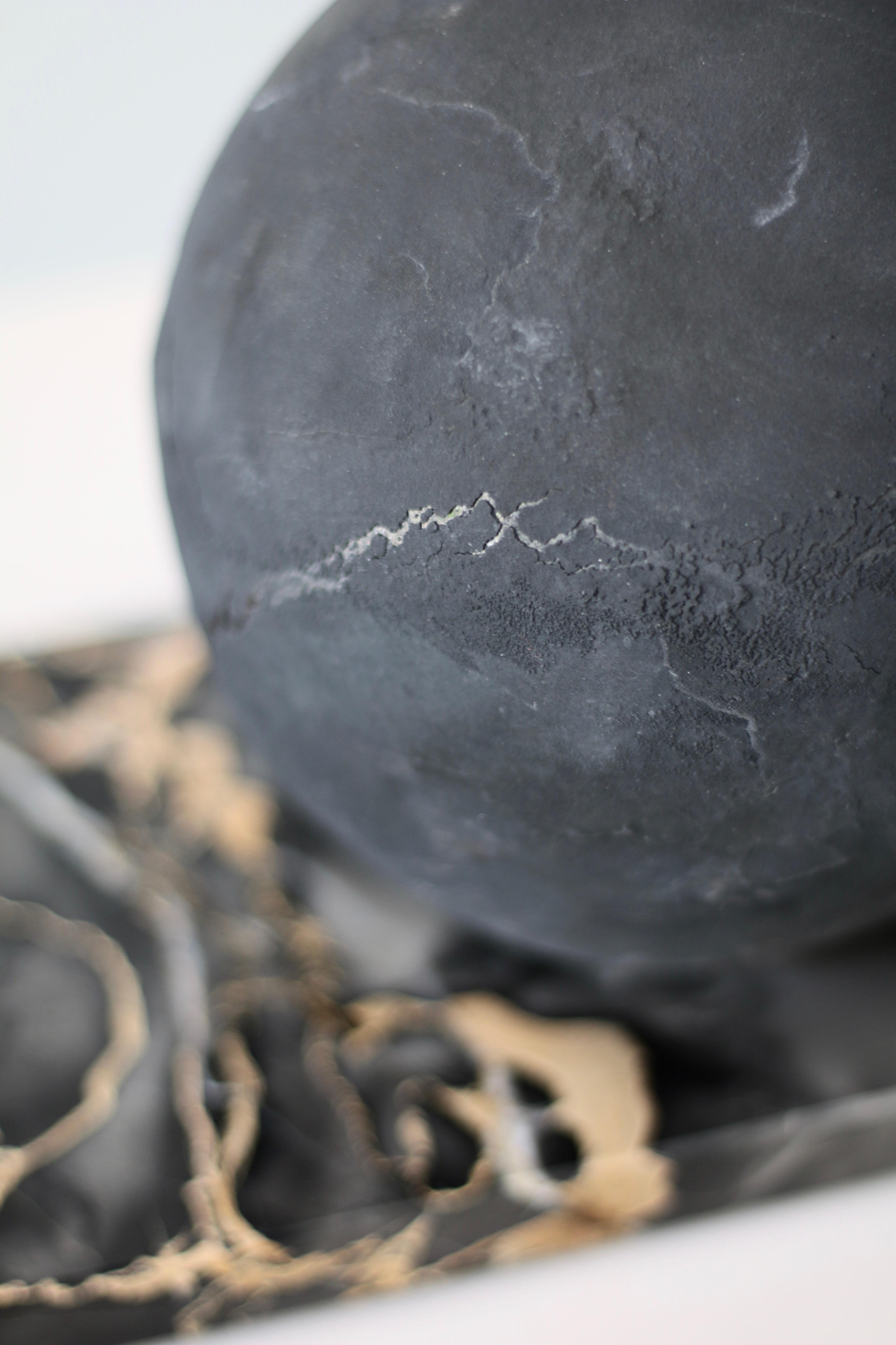 Blown Glass 'Cave In Time' Round Glass Vase in Black Glass and Marble