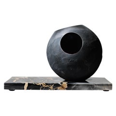 'Cave In Time' Round Glass Vase in Black Glass and Marble