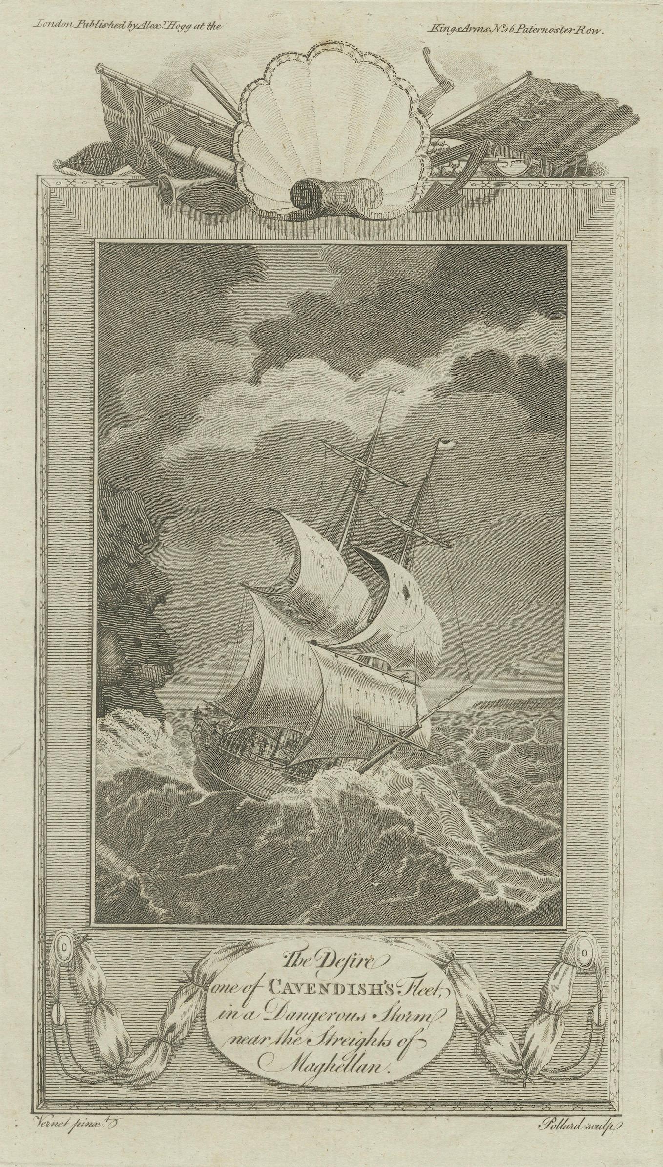 Cavendish’s Ship Desire in Storm near the Strait of Magellan – 18th Century