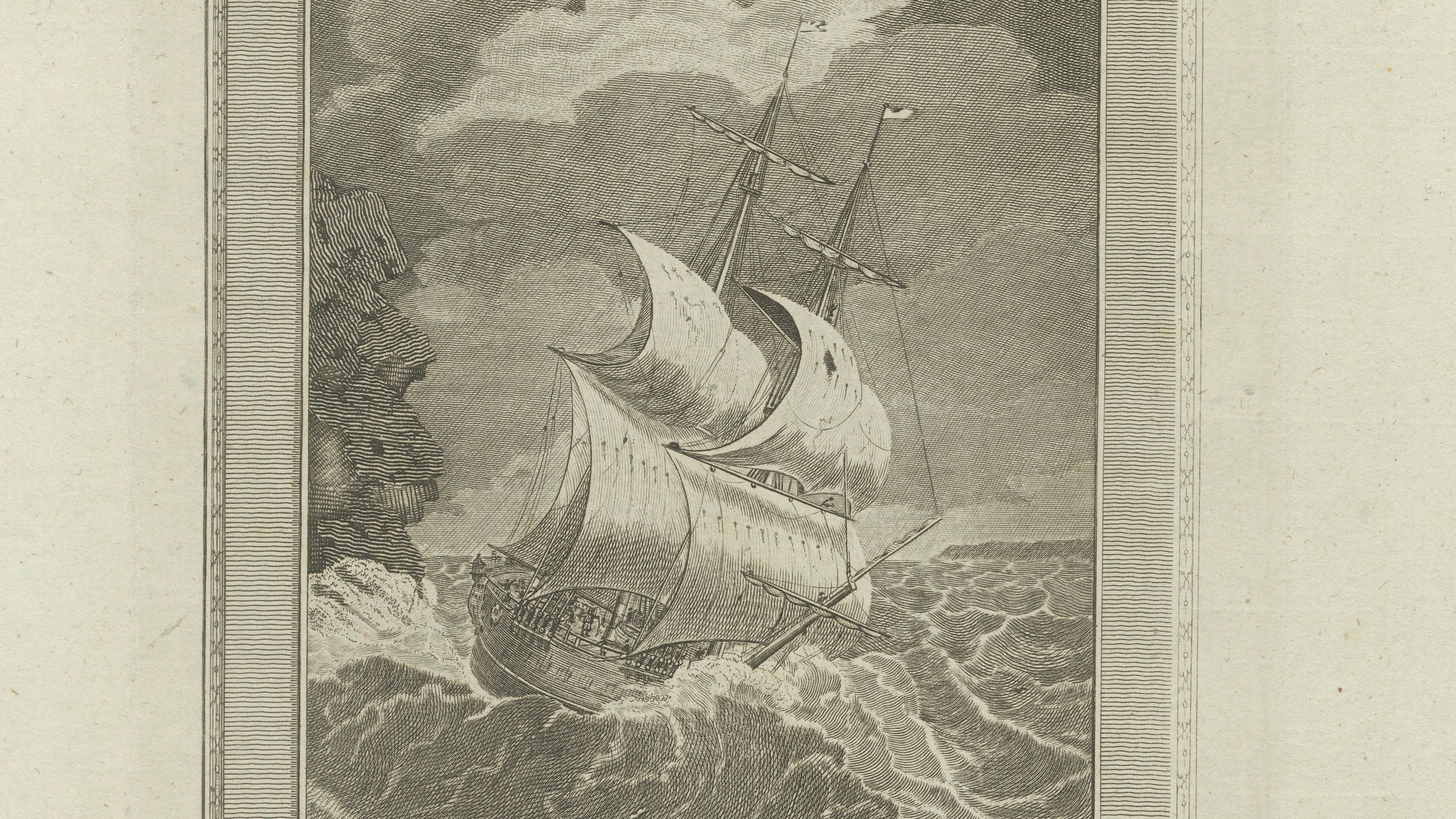 Cavendish’s Ship Desire in Storm near the Strait of Magellan – 18th Century