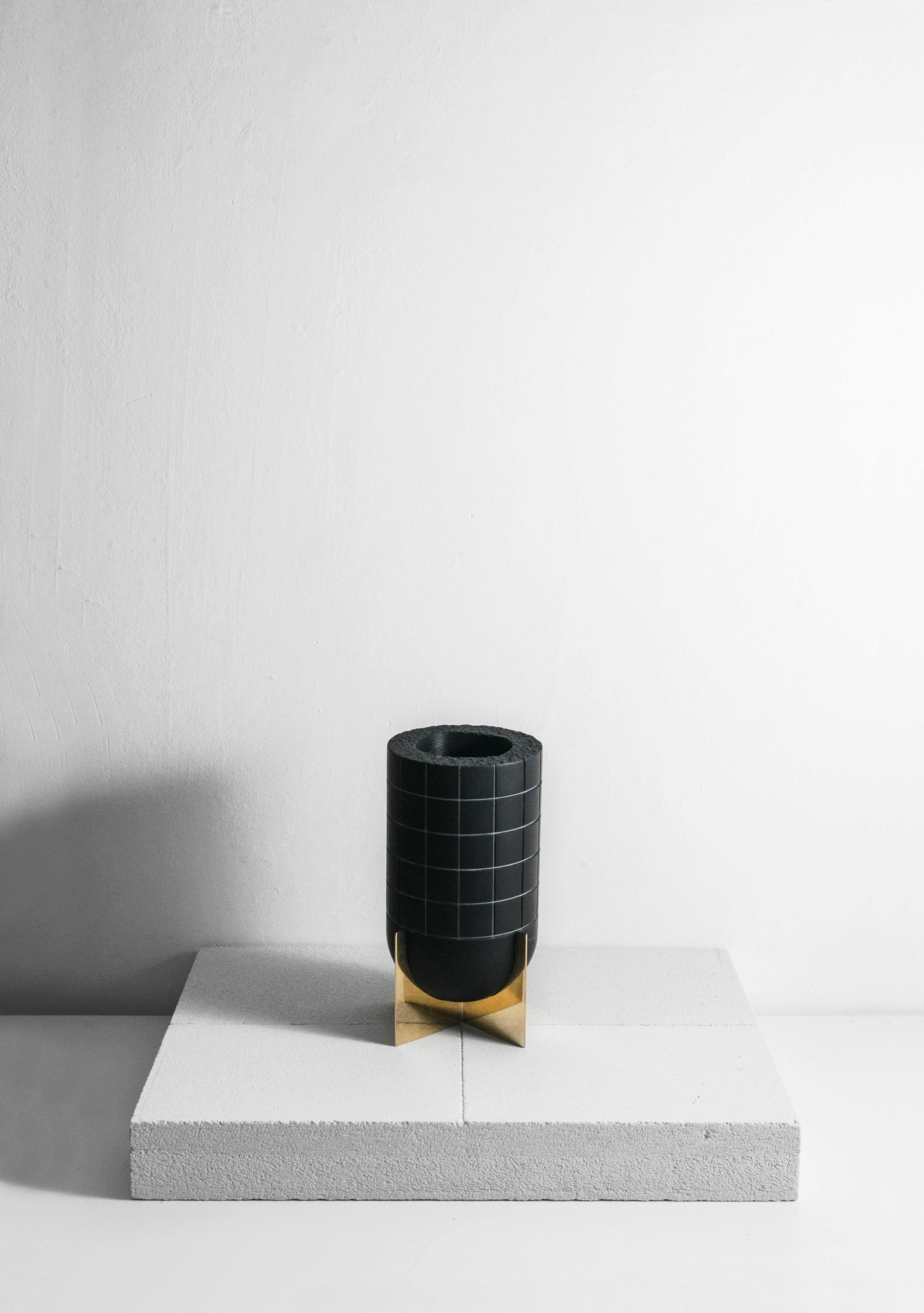 Contemporary Cavi n.3B Vase in Lavagna Stone/Ardesia and Polished Brass, Limited Edition For Sale