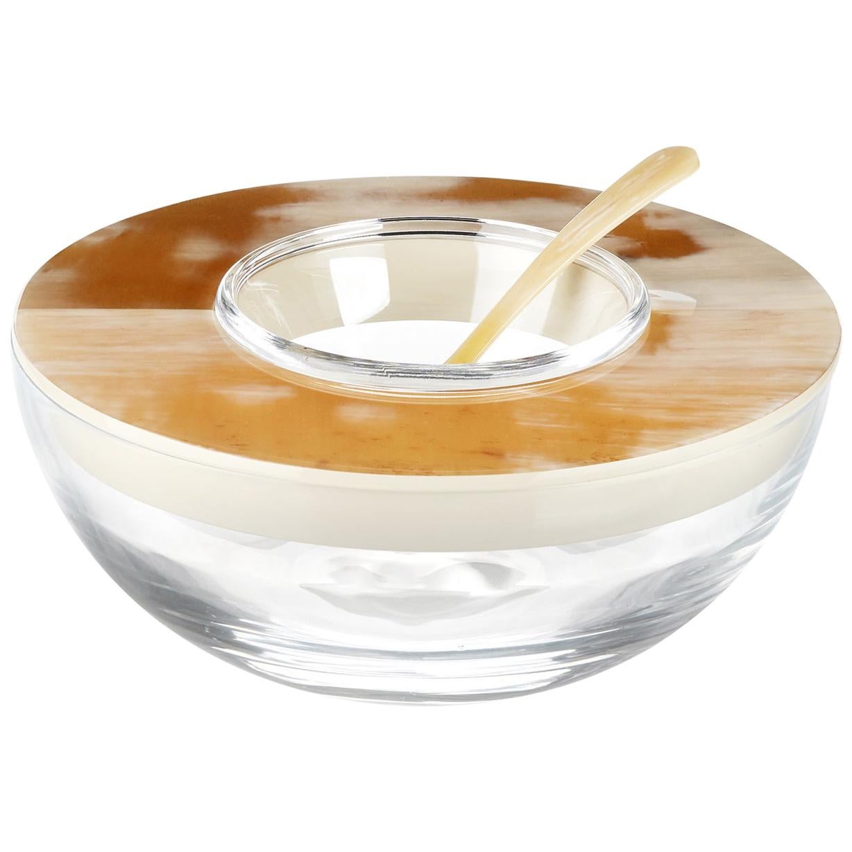 Caviar Bowl and Spoon in Corno Italiano, Crystal and Lacquered wood, Mod. 297