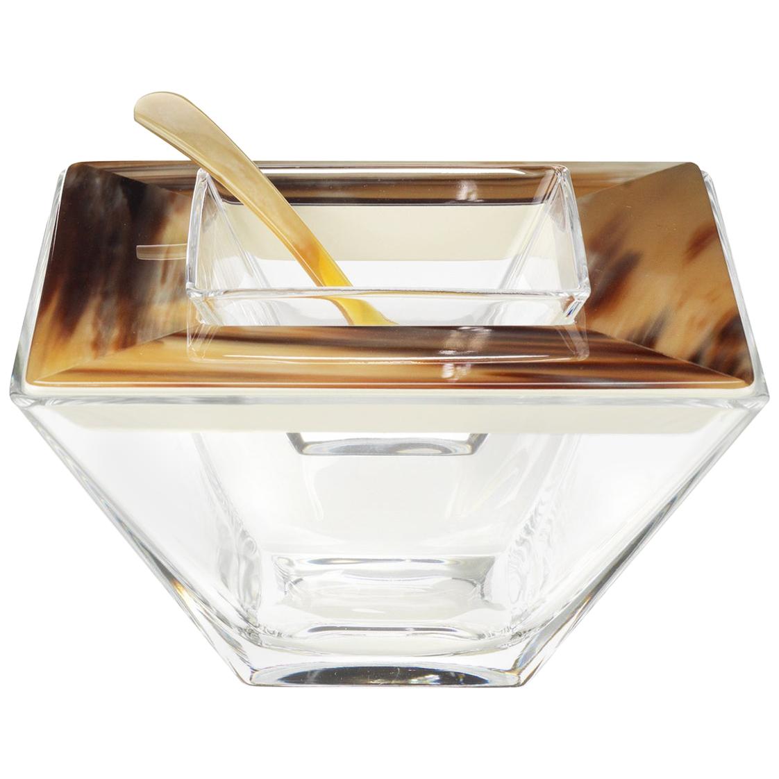 Caviar Bowl and Spoon in Venetian Glass, Corno Italiano & Lacquer Mod. 296 For Sale