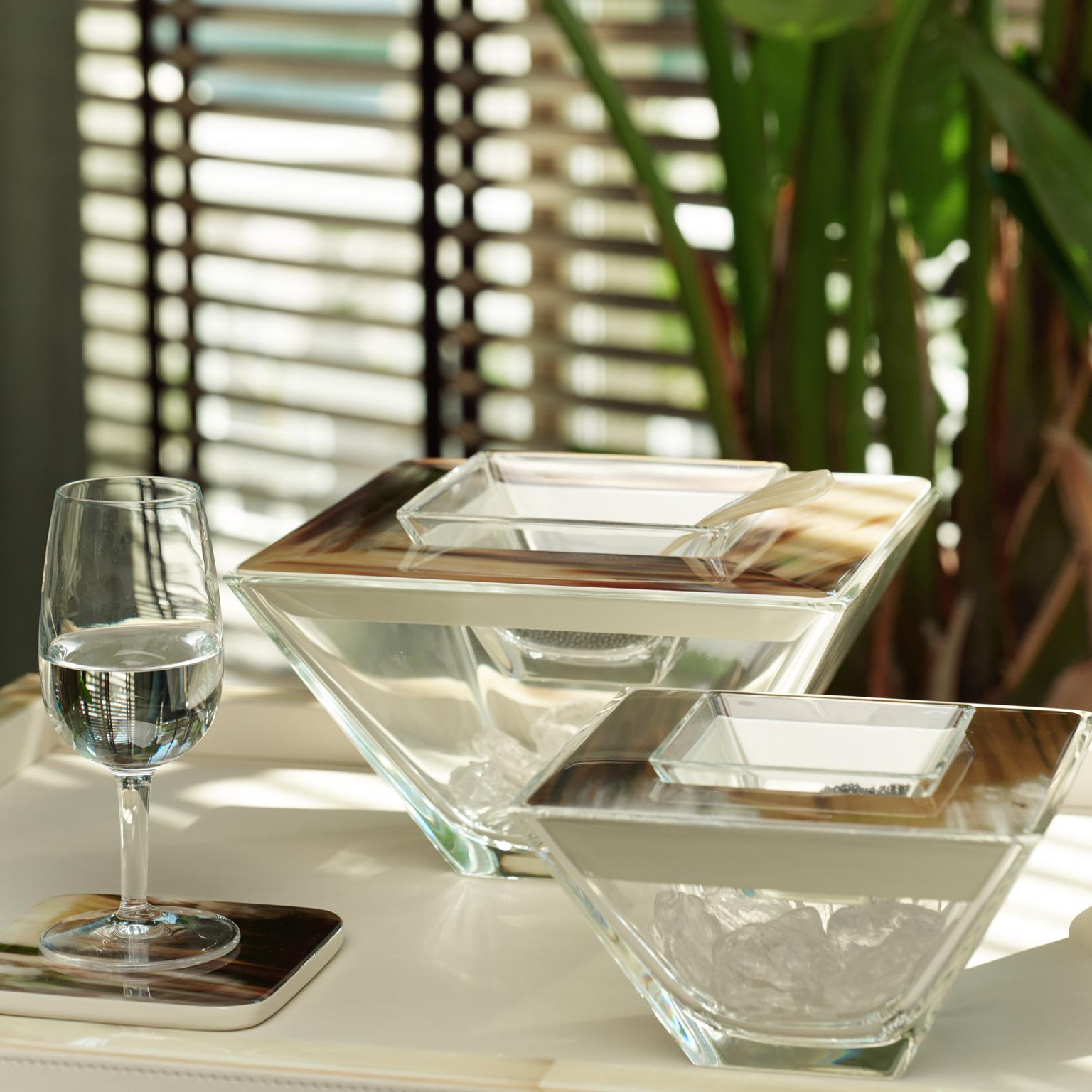 Lacquered Caviar Bowl and Spoon in Venetian Glass, Corno Italiano & Lacquer Mod. 296 For Sale