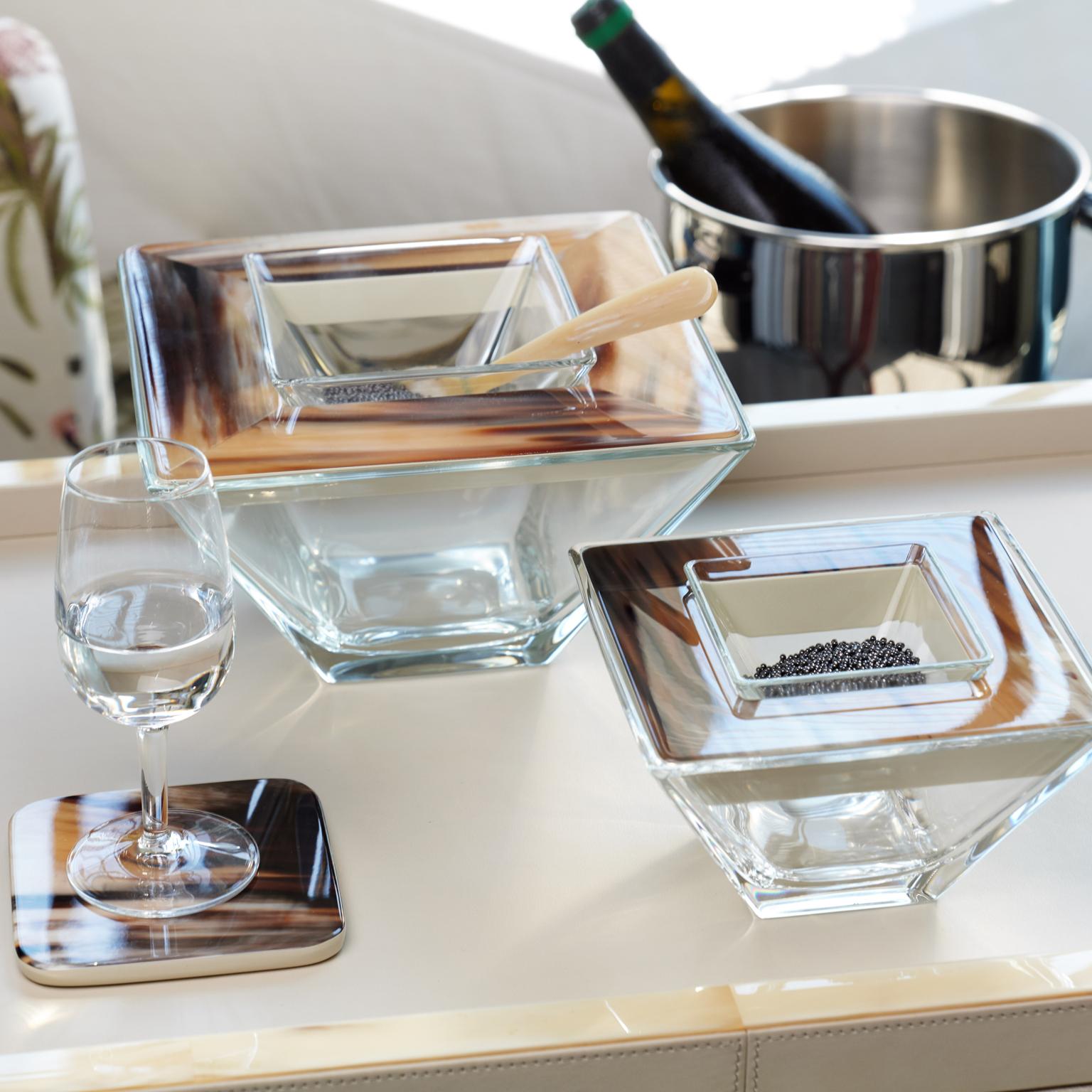 Contemporary Caviar Bowl and Spoon in Venetian Glass, Corno Italiano & Lacquer Mod. 296 For Sale