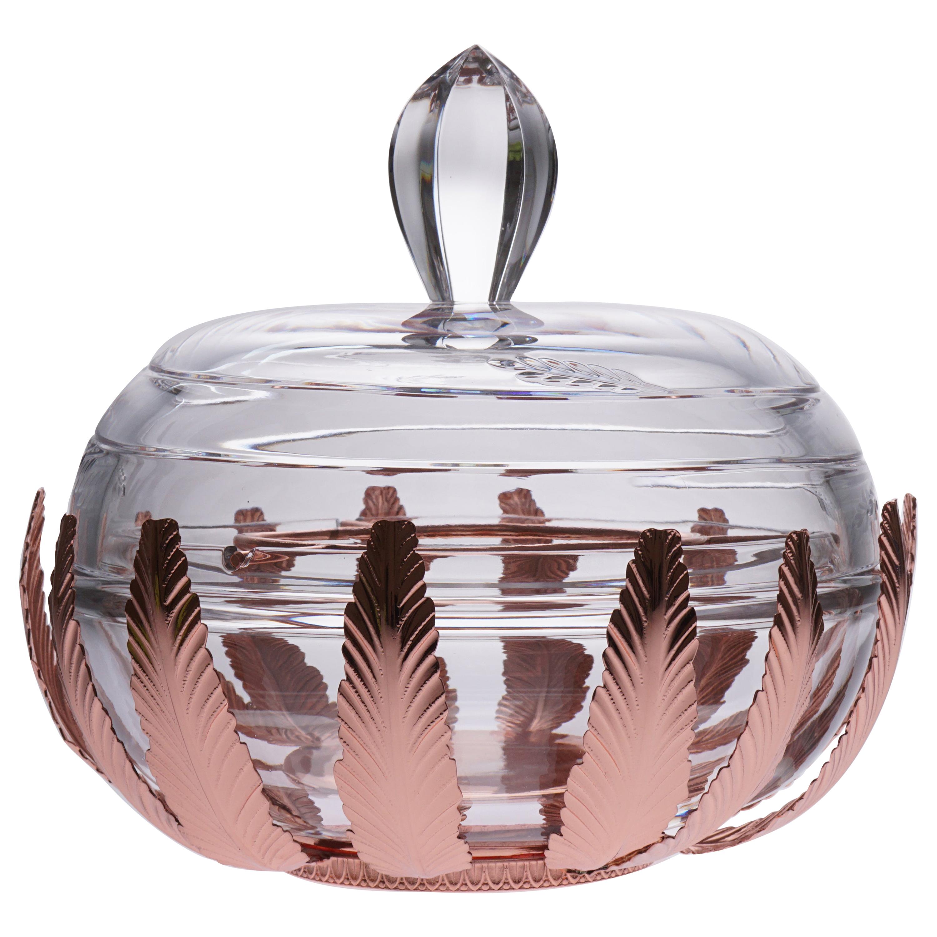 Caviar Bowl Crystal and Bronze Covered with Pink Gold For Sale