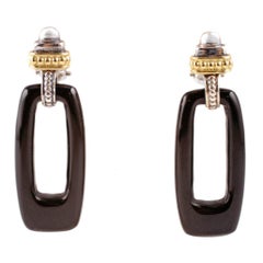 Retro "Caviar" by "Lagos" Yellow Gold Black Ceramic Sterling Silver Earrings