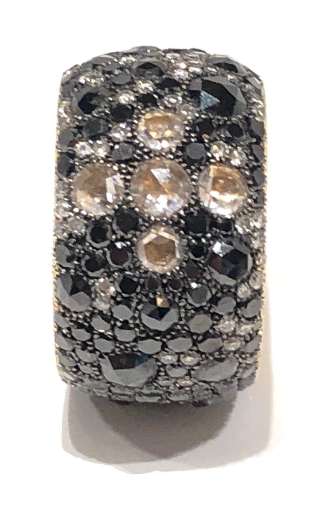 Unisex 18k yellow gold caviar set band Ring. Medium size black and white pave diamonds with diamond cross 
Designed by Martyn Lawrence Bullard. Can be made in any size, cost varies depending on size. 
Lead time 4 weeks