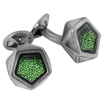 Caviar Pentagon Cufflinks with Green Caviar Beads and Gunmetal Finish For Sale