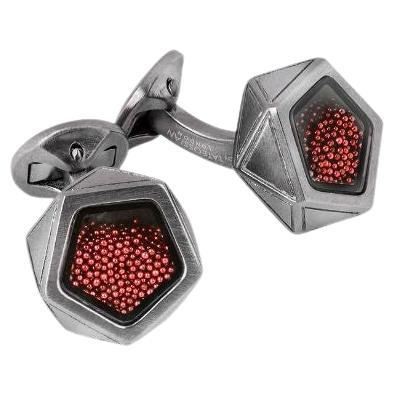 Caviar Pentagon Cufflinks with Red Caviar Beads and Gunmetal Finish