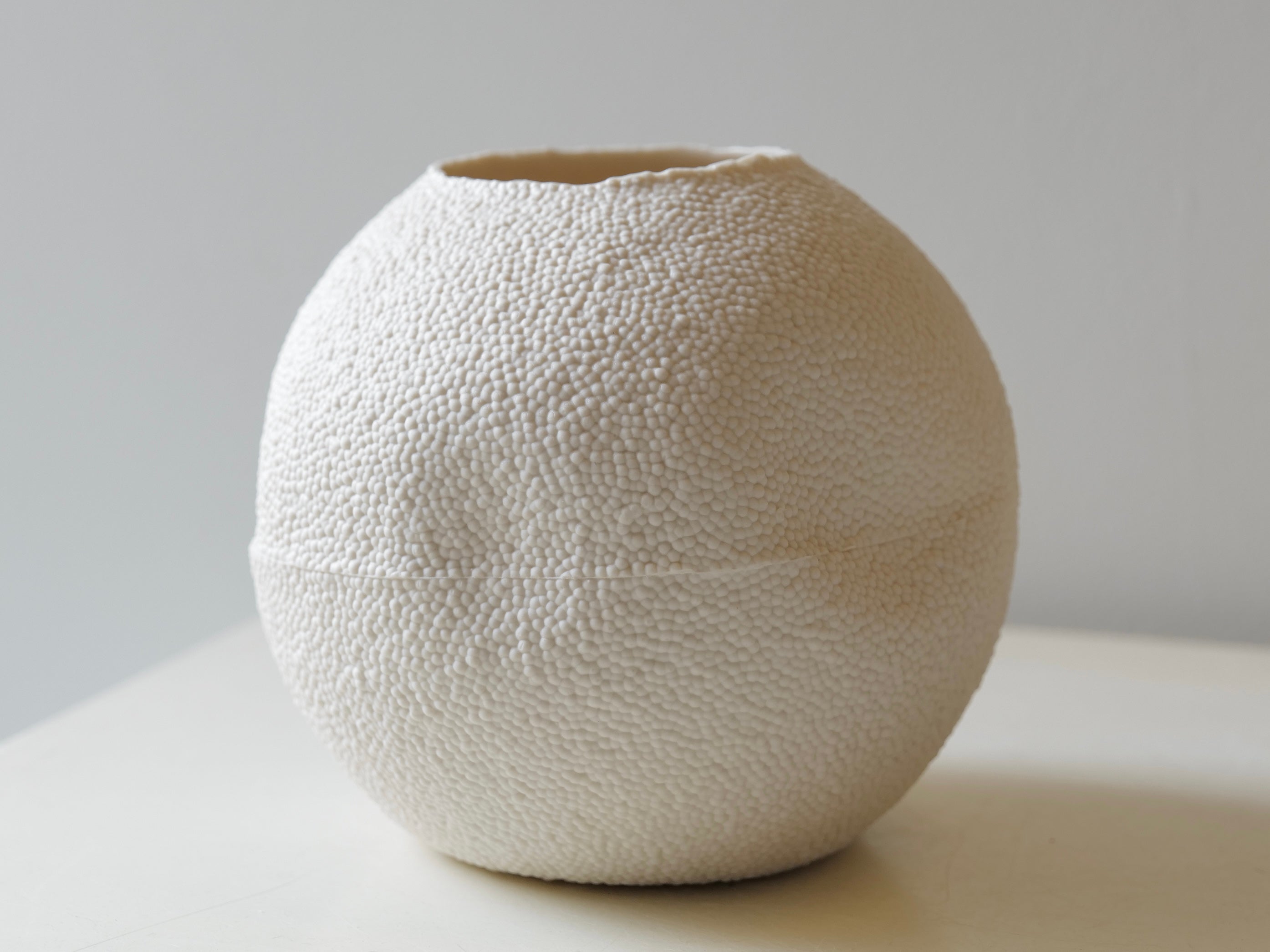 The Caviar Porcelain Large Globe Vase in raw porcelain is a beautifully handcrafted piece that combines modern design with organic texture. Made from fine porcelain, it features a unique caviar-like bumpy surface that adds depth and character. Its