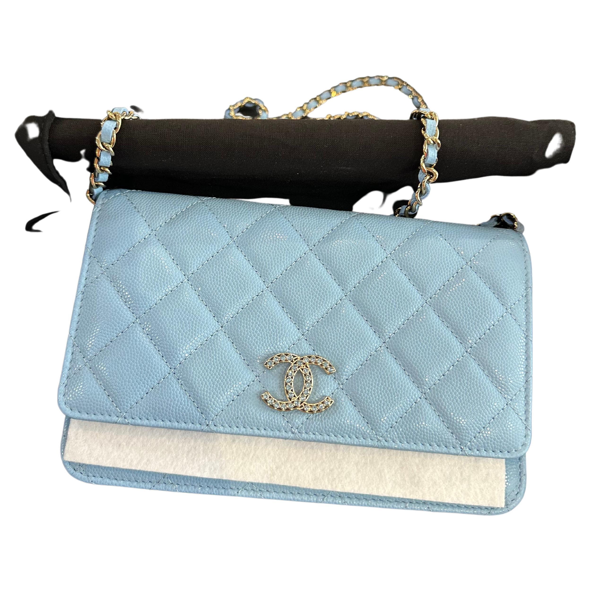 Caviar Quilted Crystal CC Wallet On Chain WOC Light Blue