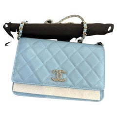Caviar Quilted Crystal CC Wallet On Chain WOC Light Blue For Sale