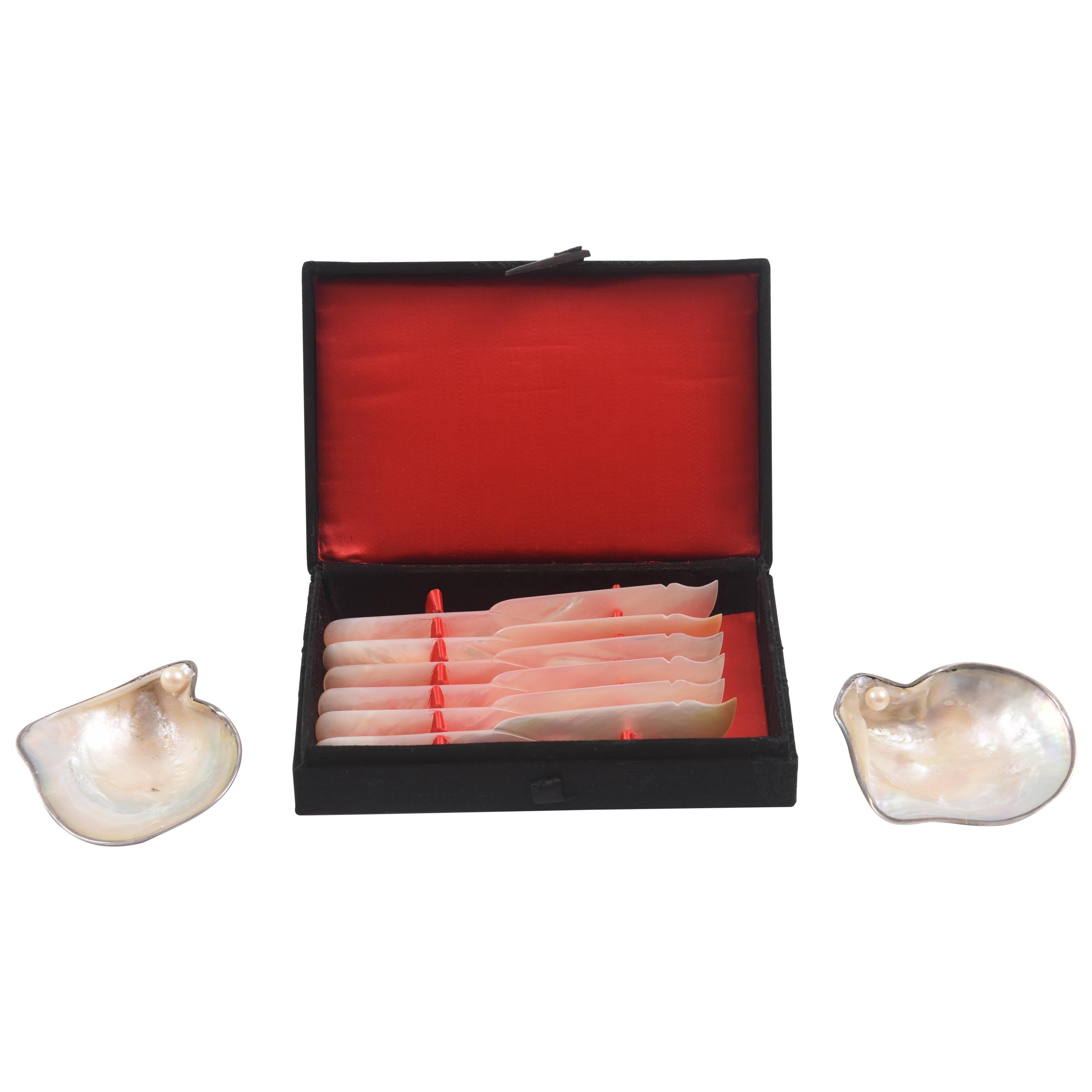 Caviar Set, Mother-of-Pearl with Six Spreaders & Two Shells Trimmed in Sterling