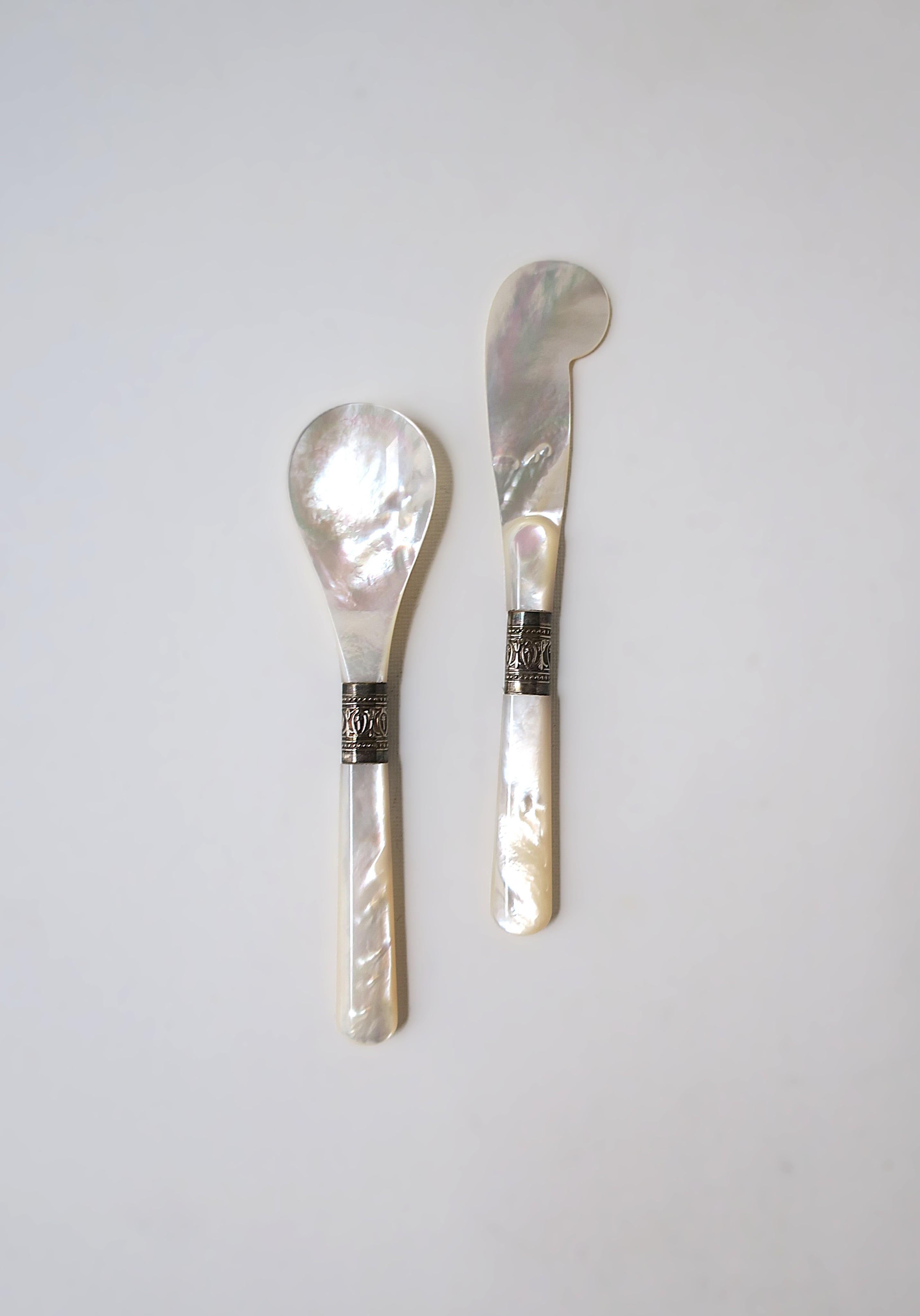 Metal Caviar Spoon and Knife Spreader Mother of Pearl For Sale