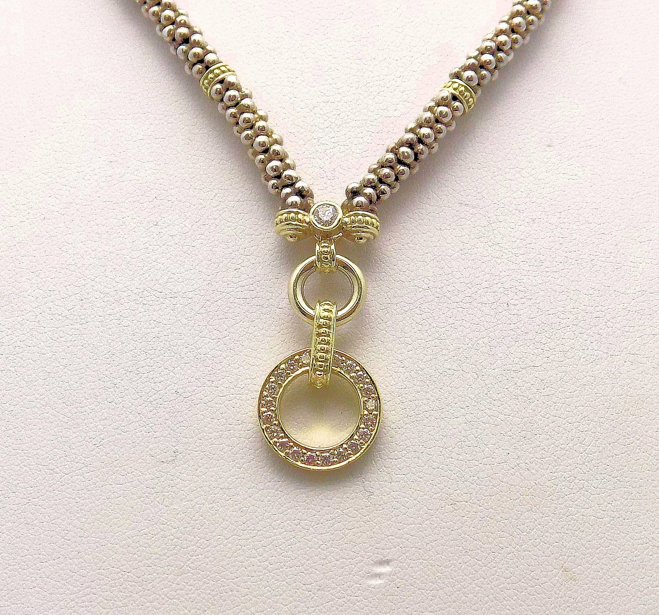 Round Cut Caviar Style 18 Karat Yellow Gold and Sterling Silver Necklace with Diamonds For Sale