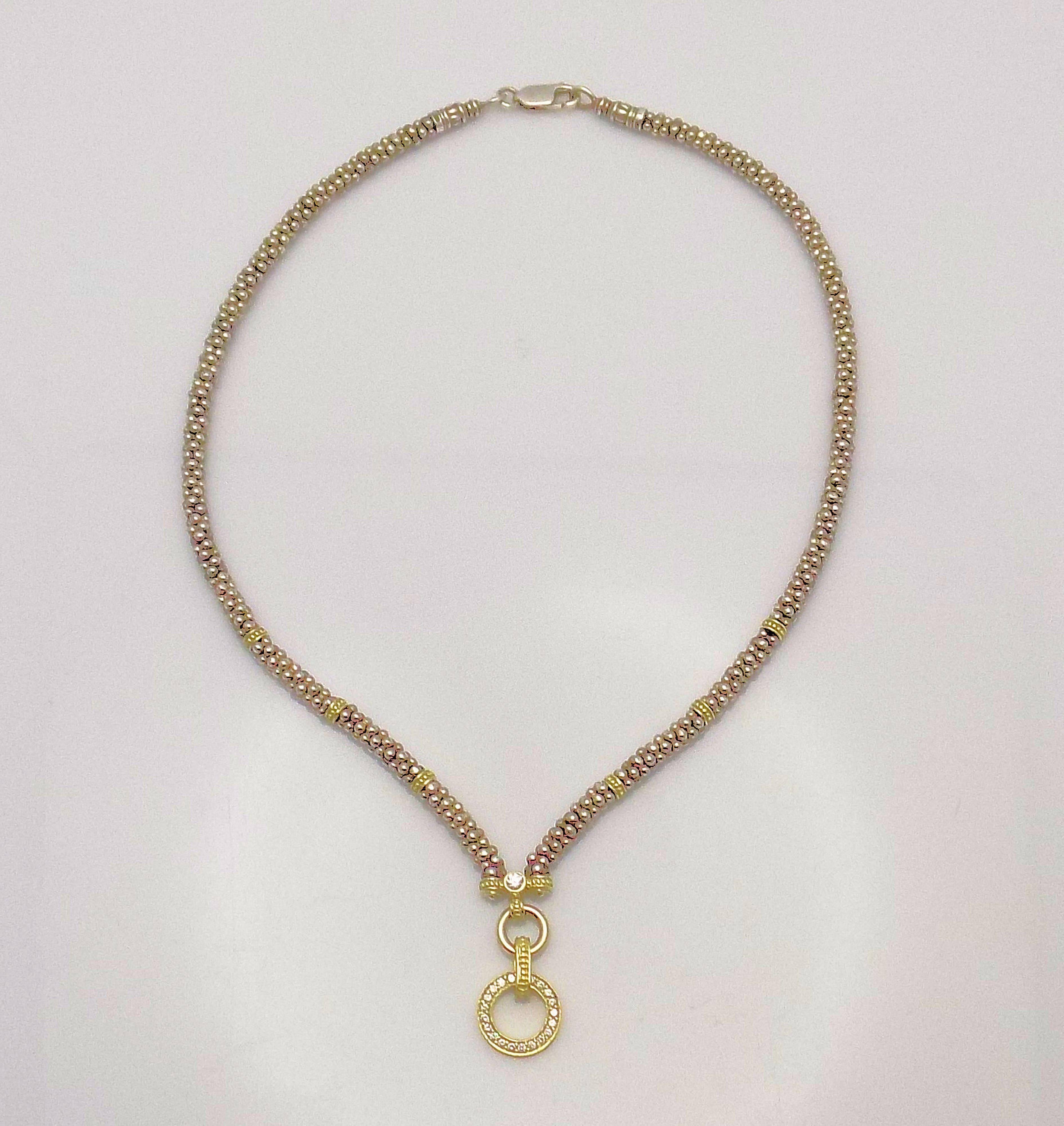 Caviar Style 18 Karat Yellow Gold and Sterling Silver Necklace with Diamonds In New Condition For Sale In Dallas, TX