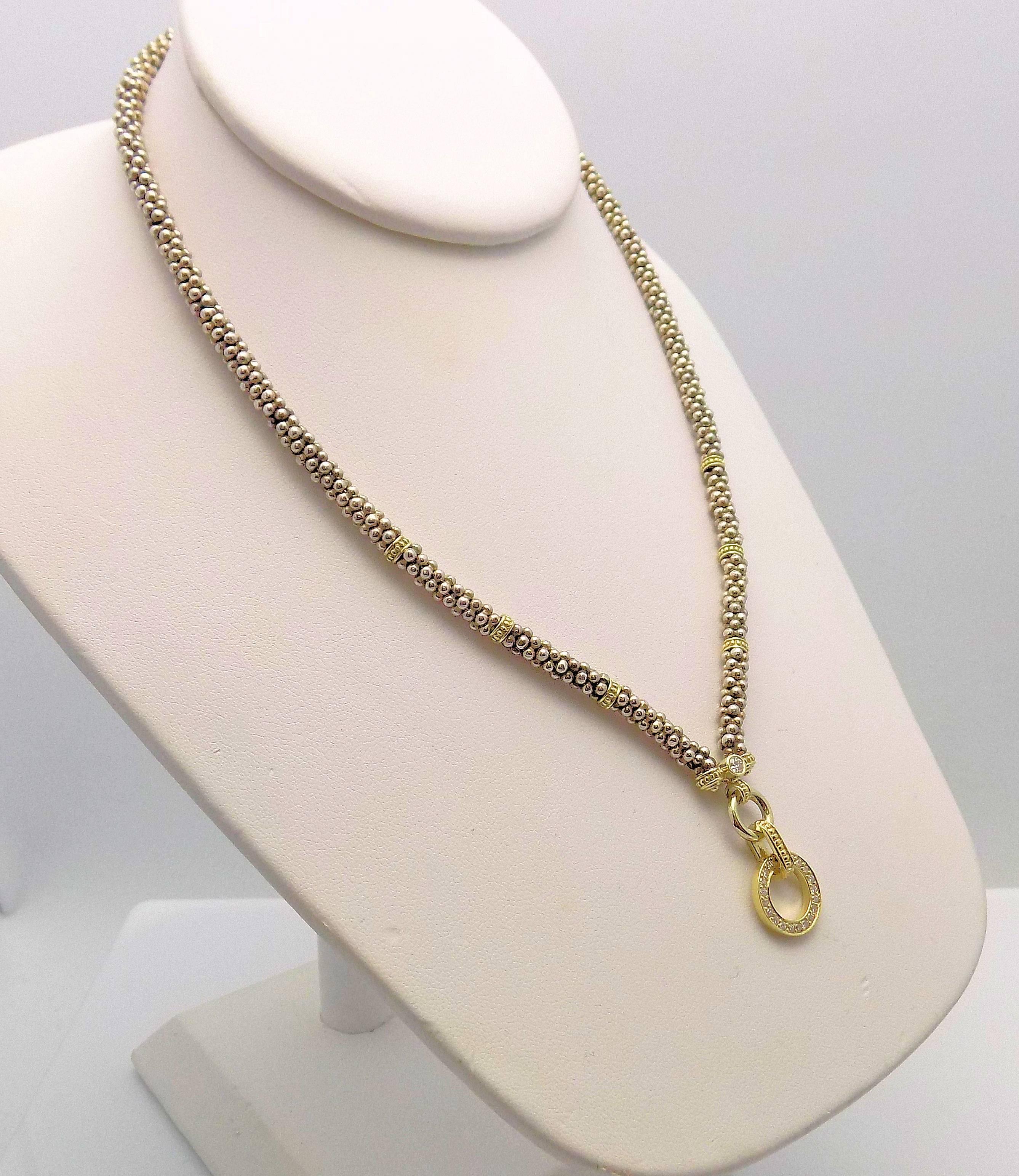 Women's Caviar Style 18 Karat Yellow Gold and Sterling Silver Necklace with Diamonds For Sale