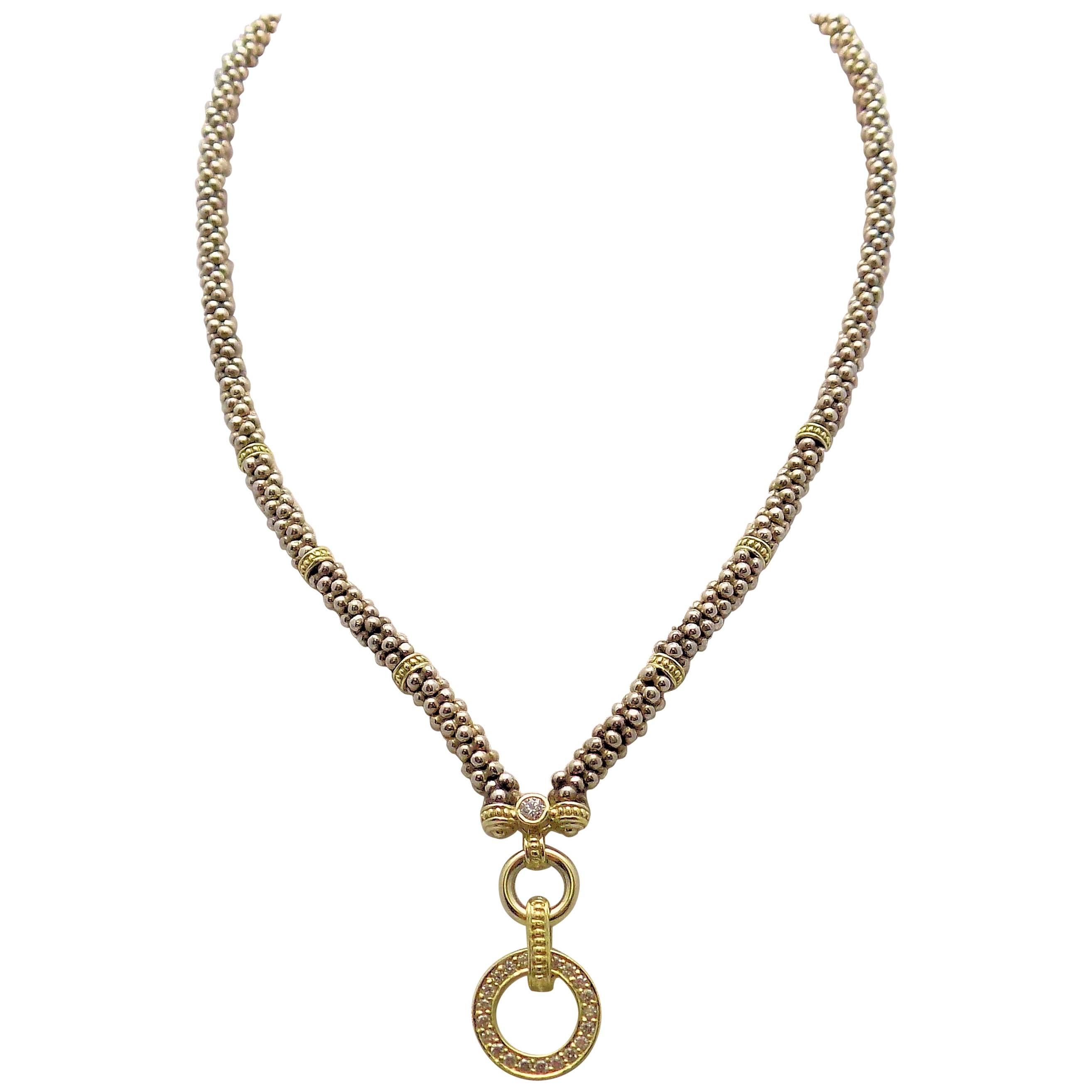 Caviar Style 18 Karat Yellow Gold and Sterling Silver Necklace with Diamonds For Sale