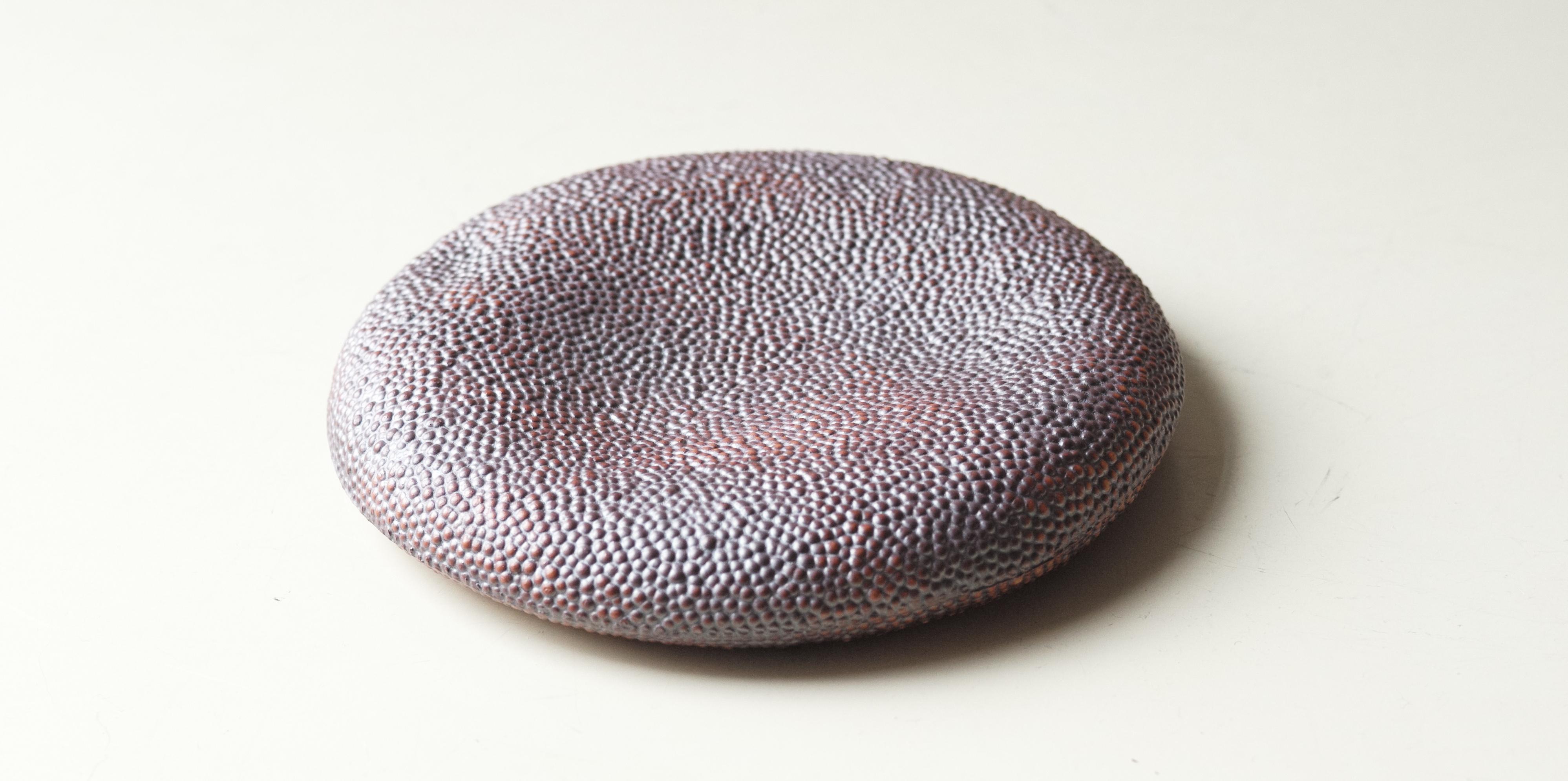 Unique piece created by artist Lana Kova. Slip casted porcelain with micro texture of tiny bumps that Lana calls Caviar series. Gas fired. Iridescent purple glaze with dry surface feel. Made in NYC.