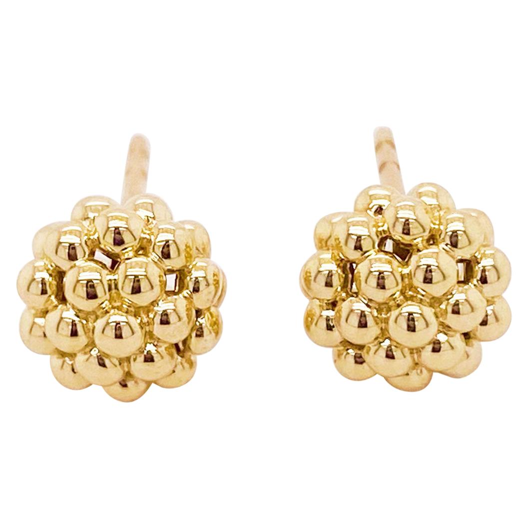 Cavier Beaded Stud Earrings, 14K Yellow Gold Bead Cluster Post Earrings, Cavier For Sale