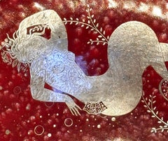 "Cavorting Mermaids", grand bol exceptionnel de style Art déco en rouge profond et en argent