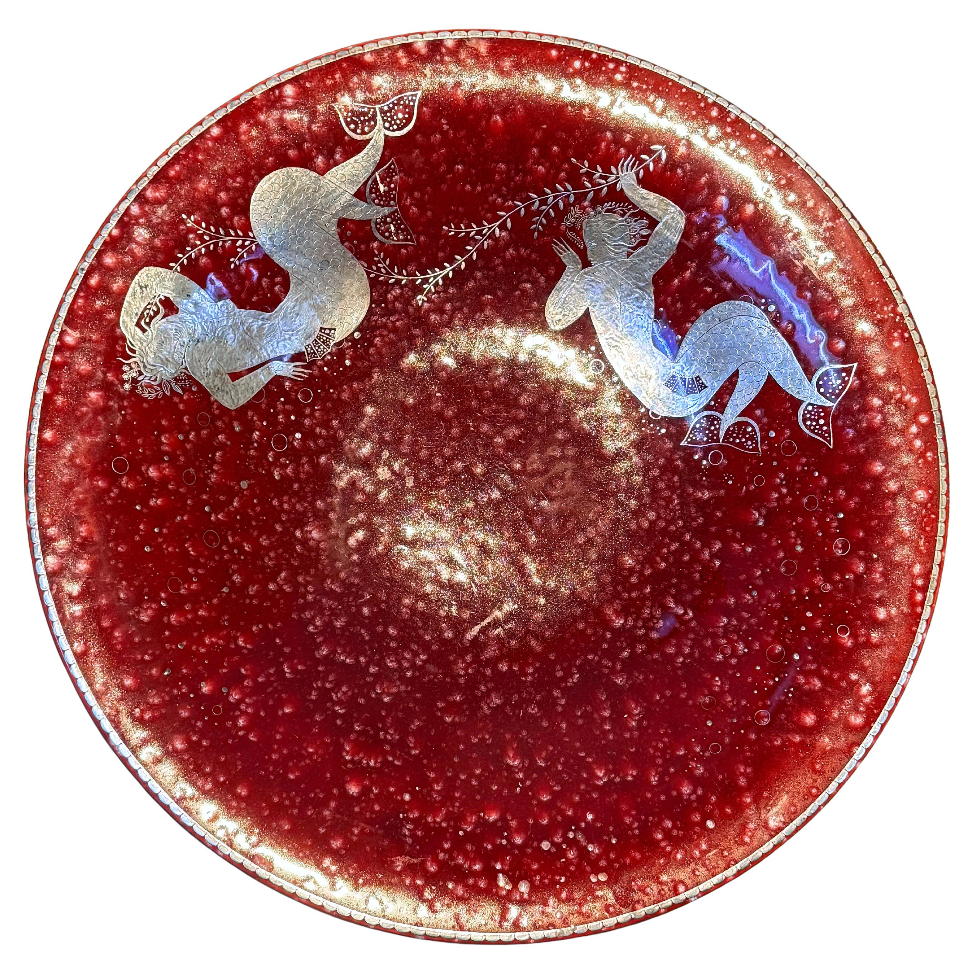 "Cavorting Mermaids", Large, Exceptional Art Deco Bowl in Deep Red and Silver en vente