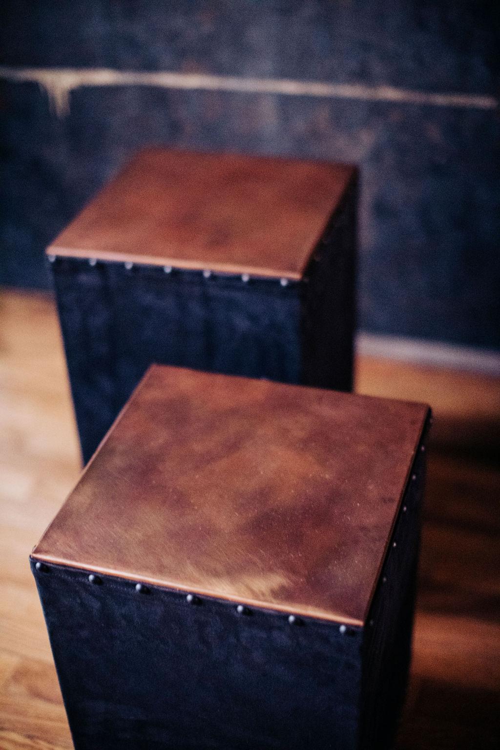 Cawtaba side table, Copper and Leather, Black, Modern and Industrial 

These side tables are topped in a hammered copper and finished in leather. These are part of the Catawba Series designed and scheduled for our January 2022 launch. Each side