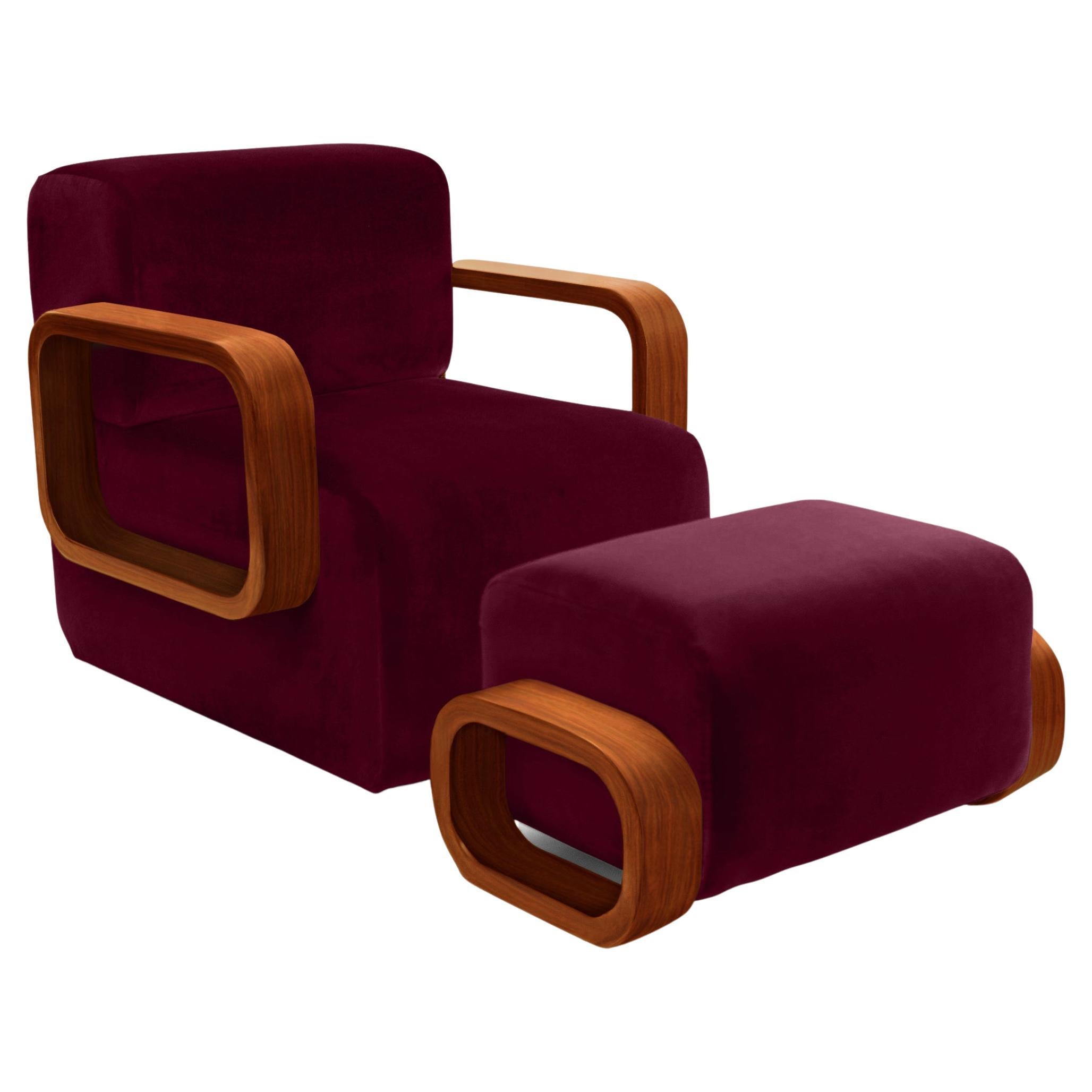 Cayenne Lounge Chair, Cranberry Velvet/High Gloss Varnish Brown Solid Oak For Sale