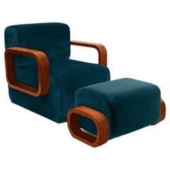 Cayenne Lounge Chair, Ming Velvet/High Gloss Varnish Brown Solid Oak