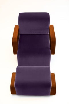 Cayenne-Loungesessel, violetter Samt/brauner, hochglanzpolsterter Lack aus massiver Eiche
